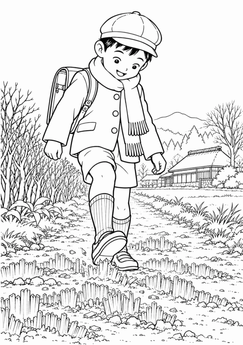 【11月】霜柱を踏む登校道の塗り絵
