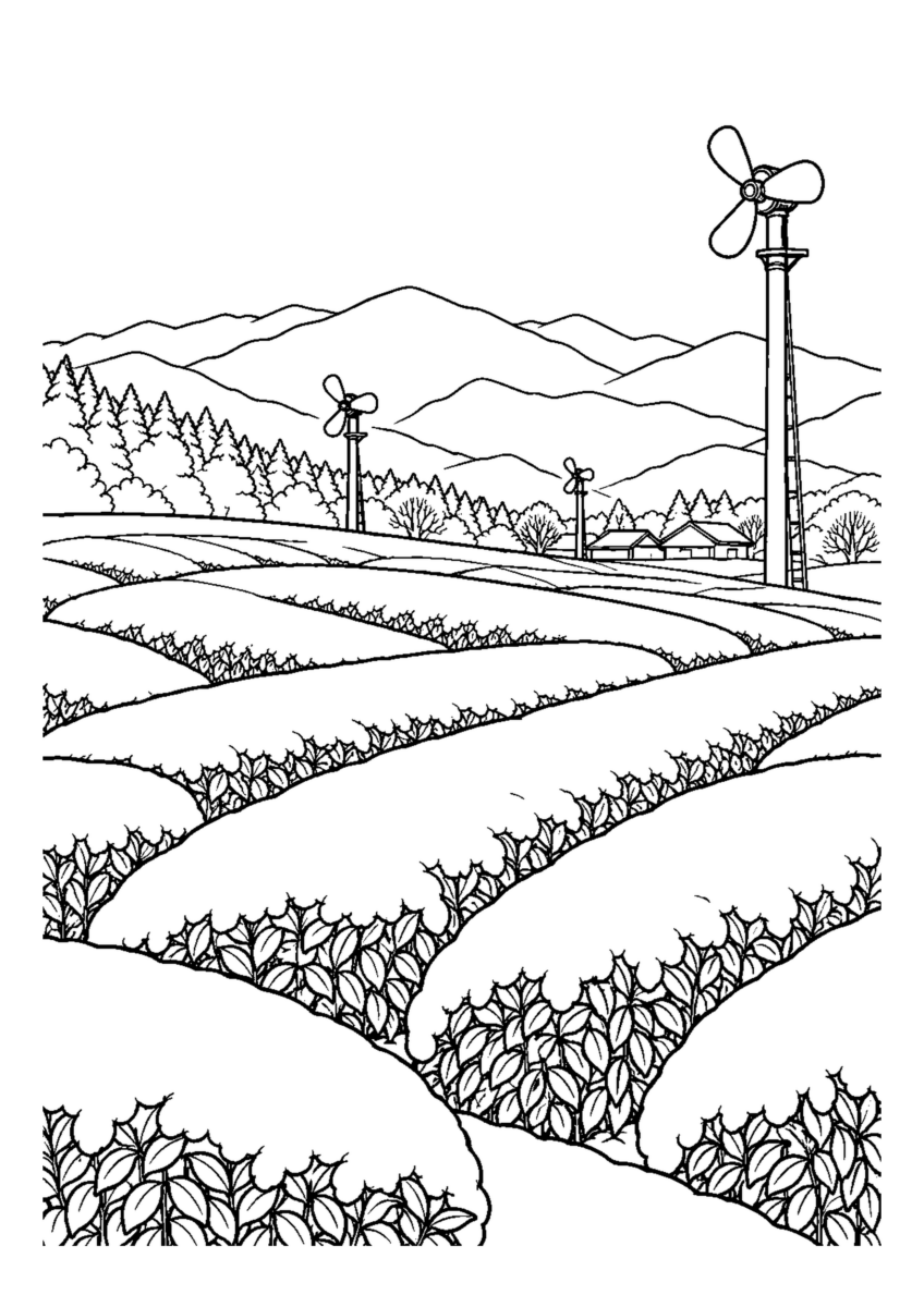 丸く刈った茶畑の畝に白い霜、遠くに防霜扇。白黒の高齢者向け塗り絵
