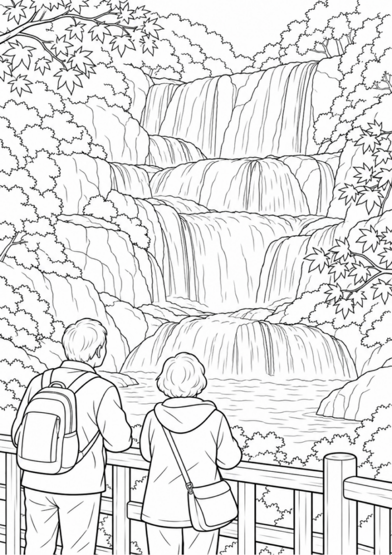 袋田の滝と紅葉を10月の場面として描いた高齢者向けの白黒線画塗り絵