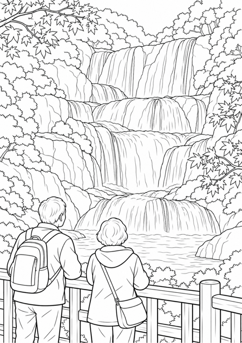 袋田の滝と紅葉を10月の場面として描いた高齢者向けの白黒線画塗り絵