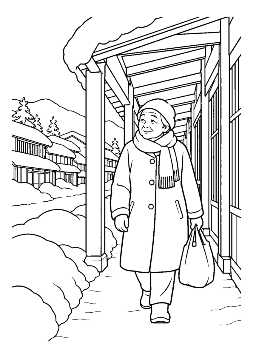 雪の雁木通りを買い物袋で歩く高齢者1人。白黒の高齢者向け塗り絵
