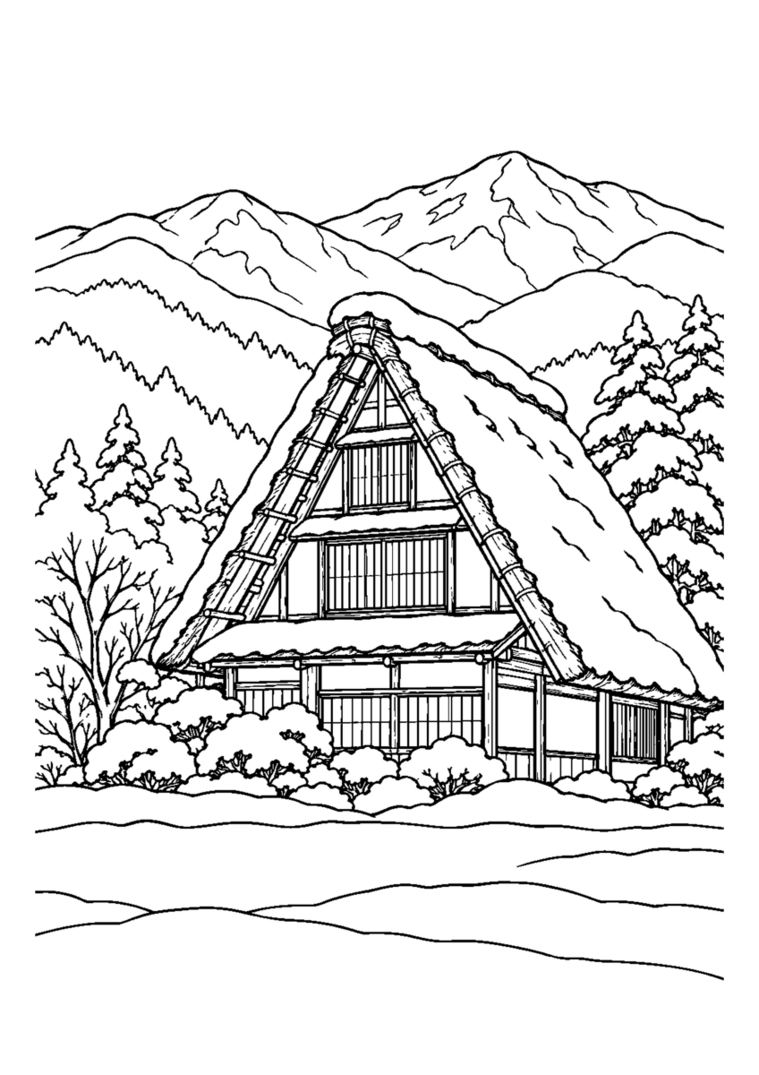 山を背にした合掌造り1軒と屋根に薄い初雪。白黒の高齢者向け塗り絵