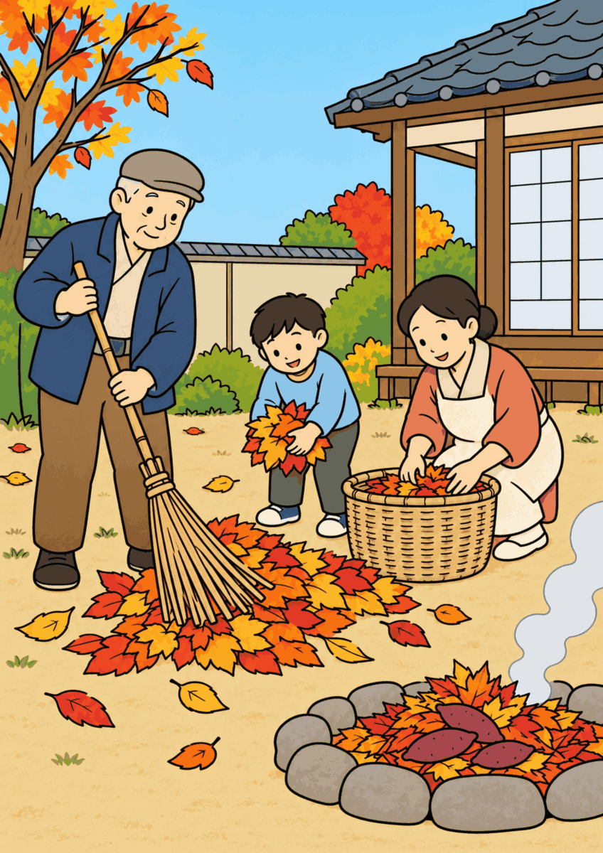 昭和の庭で、家族が竹ぼうきと籠を使い、焼き芋のたき火に使う落ち葉を集めている同じ構図を、11月らしい赤、黄、茶、落ち着いた青や緑でやさしく彩った着色見本