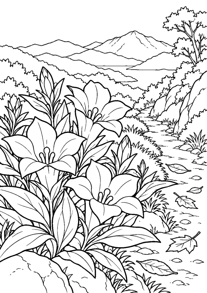 リンドウの咲く山道を10月の場面として描いた高齢者向けの白黒線画塗り絵