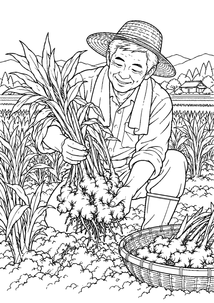 生姜の収穫を10月の場面として描いた高齢者向けの白黒線画塗り絵