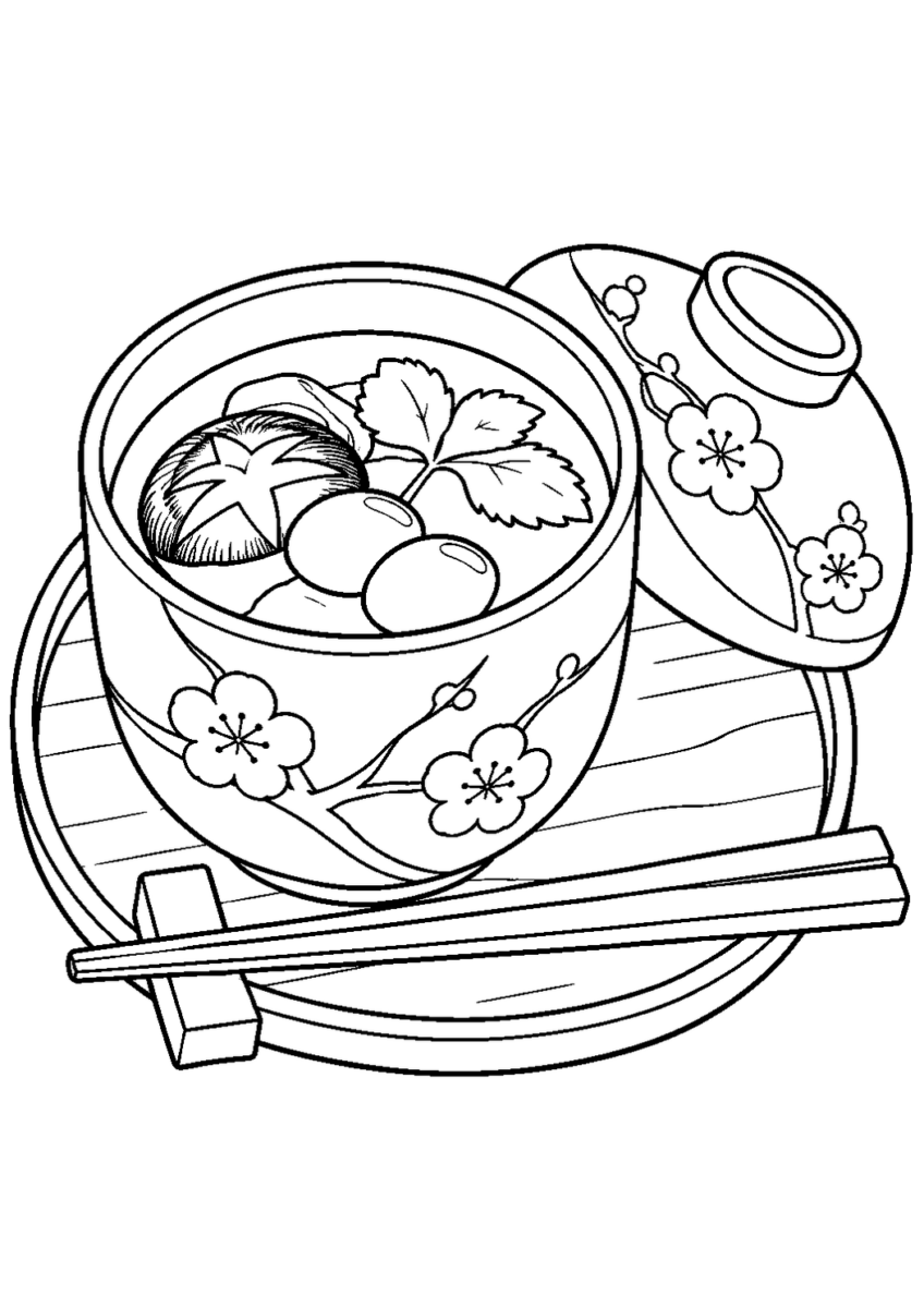 銀杏入り茶碗蒸しを10月の場面として描いた高齢者向けの白黒線画塗り絵