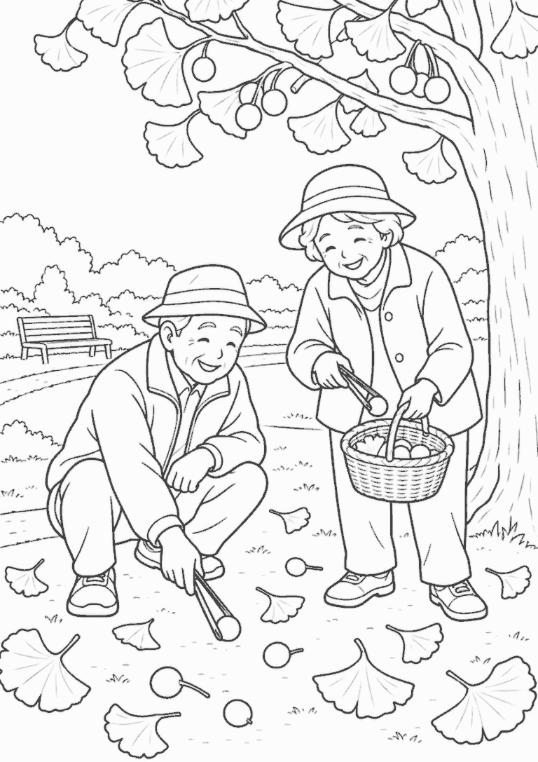 二人の高齢者が11月の公園でいちょうの木の下の銀杏を拾う白黒線画の塗り絵