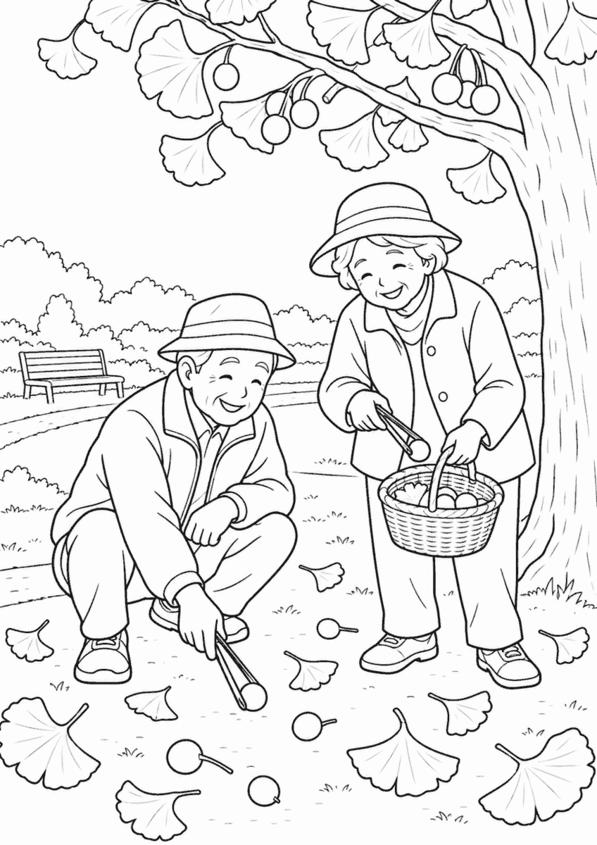 二人の高齢者が11月の公園でいちょうの木の下の銀杏を拾う白黒線画の塗り絵