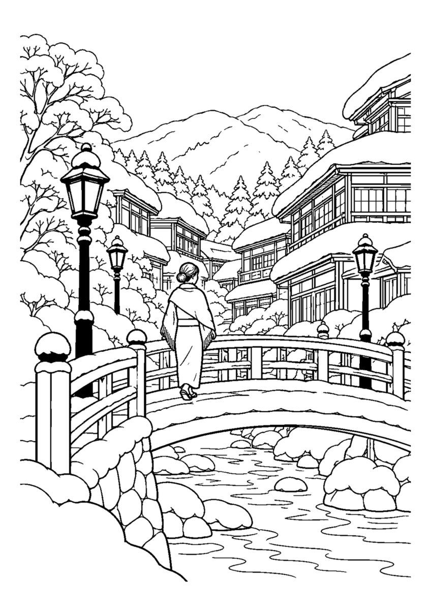 雪の温泉街とガス灯、橋を渡る人物1人。白黒の高齢者向け塗り絵