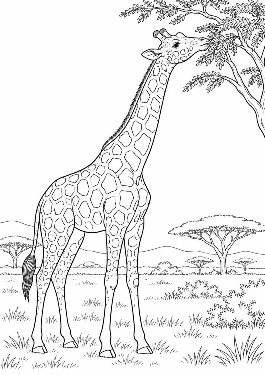 木の葉を食べるキリンを描いた高齢者向けの白黒線画塗り絵
