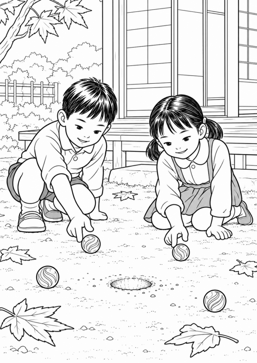 縁側の前の土に浅い穴を一つ作り、二人の子どもが大きなビー玉を指ではじいて狙っている様子を、太く見やすい黒線で描いた高齢者向け塗り絵