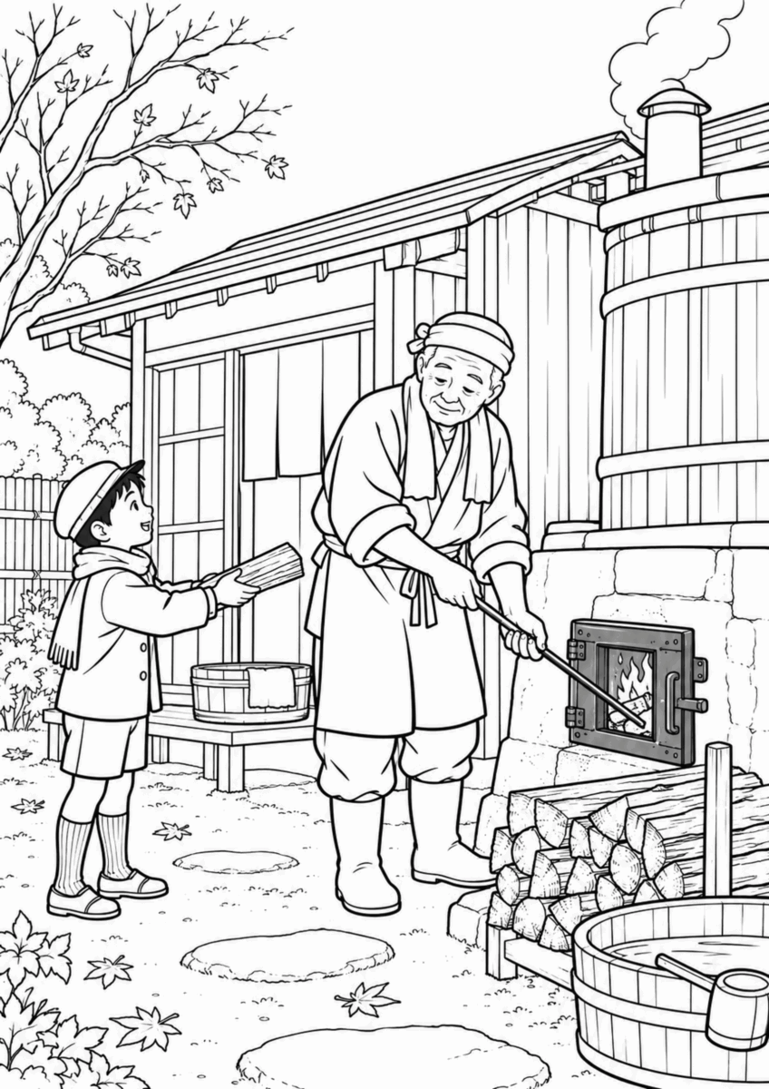 大人が五右衛門風呂を焚き子どもが薪を渡す白黒線画塗り絵