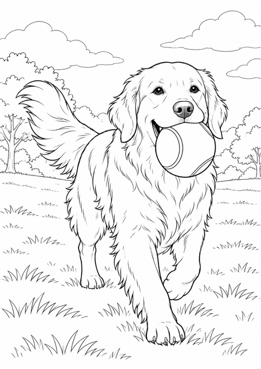 ボールを運ぶゴールデンレトリバーを描いた高齢者向けの白黒線画塗り絵