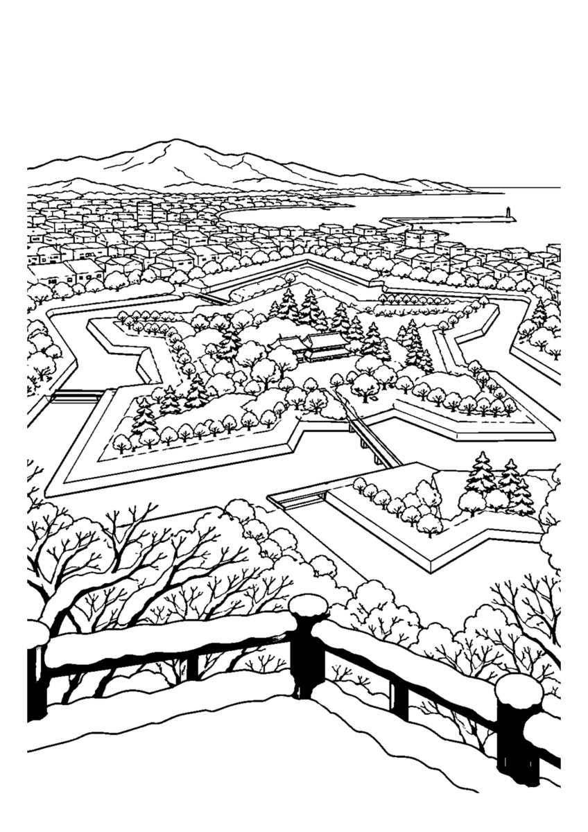 星形の堀を見下ろす簡略景観と雪。白黒の高齢者向け塗り絵