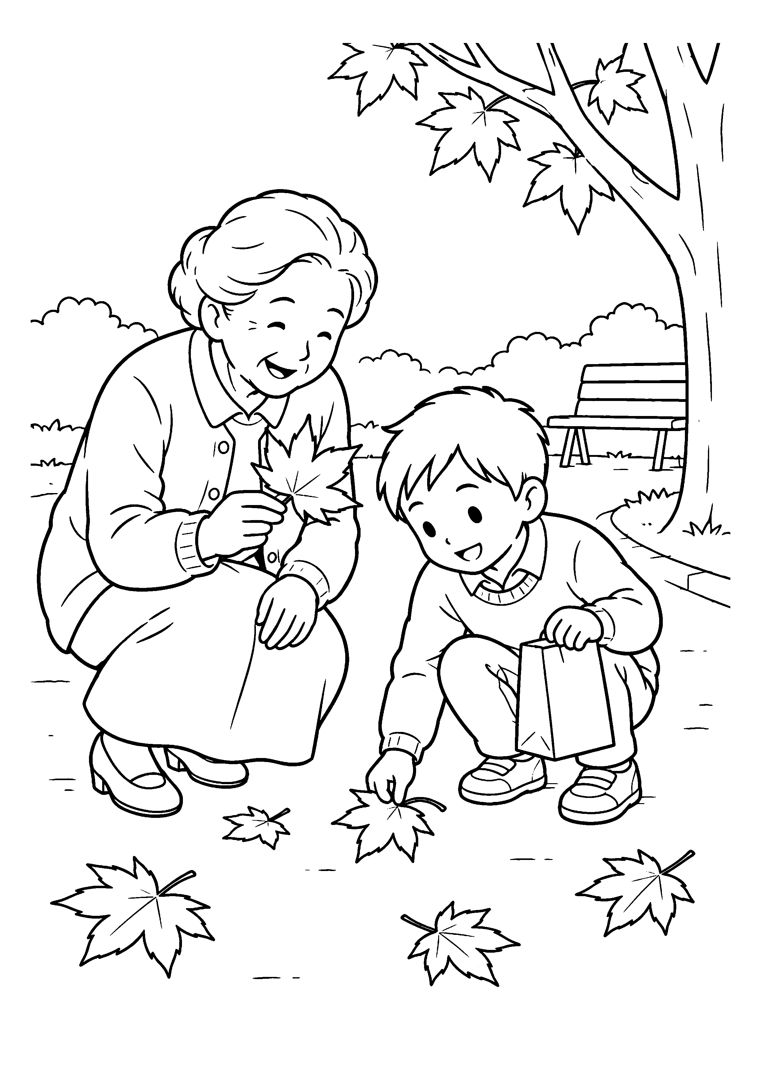 【11月】祖母と孫の落ち葉拾いの塗り絵