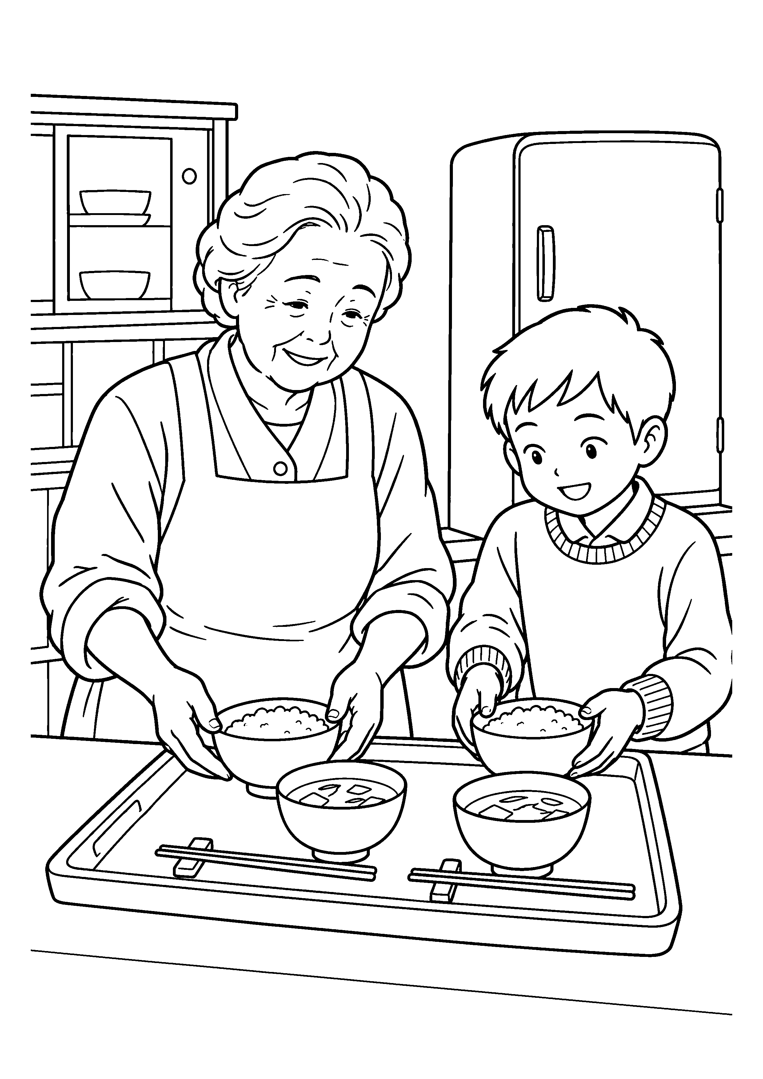【１１月】祖母と朝ごはんの支度をする孫の塗り絵