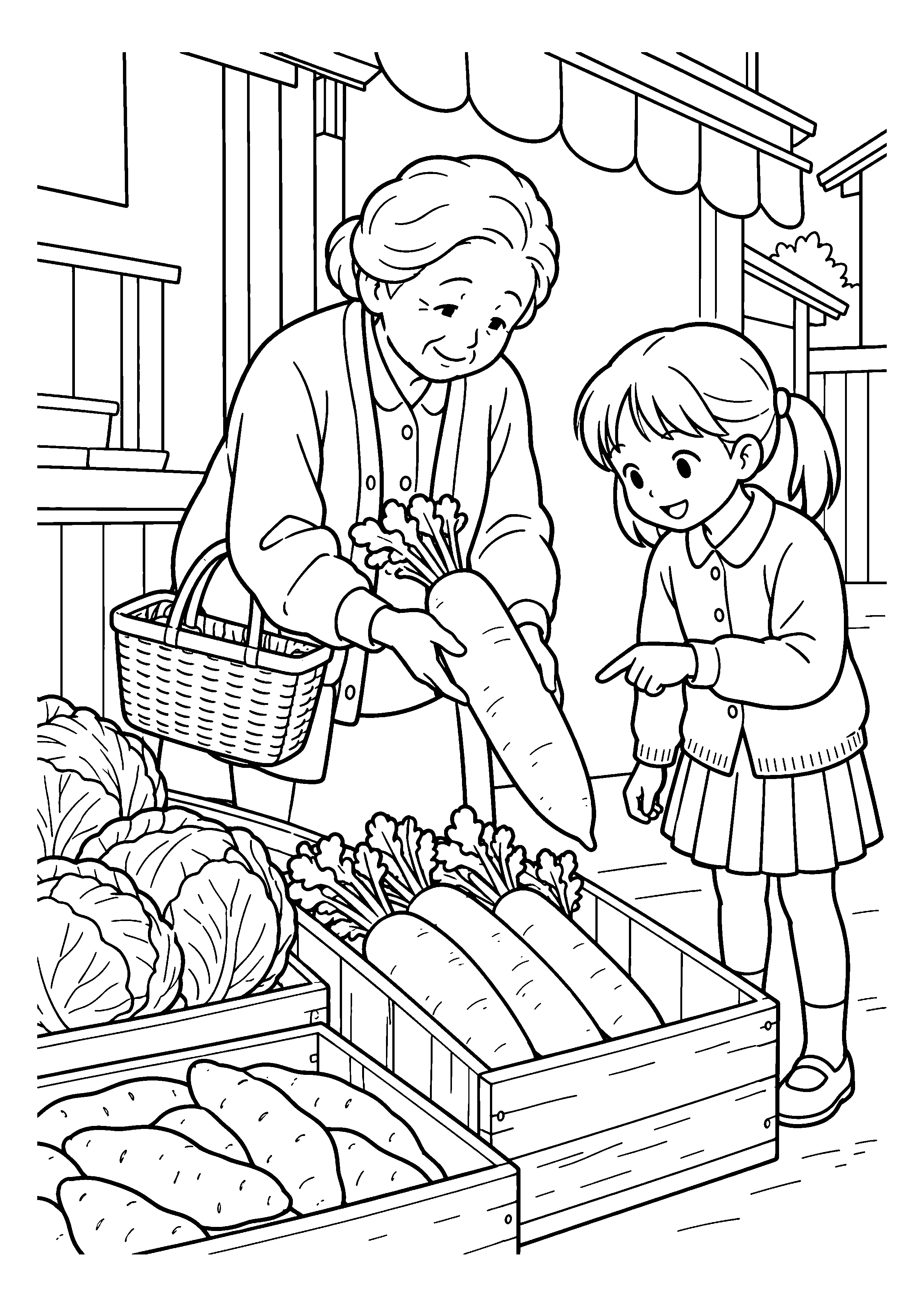 【１１月】八百屋で秋野菜を選ぶ祖母と孫の塗り絵
