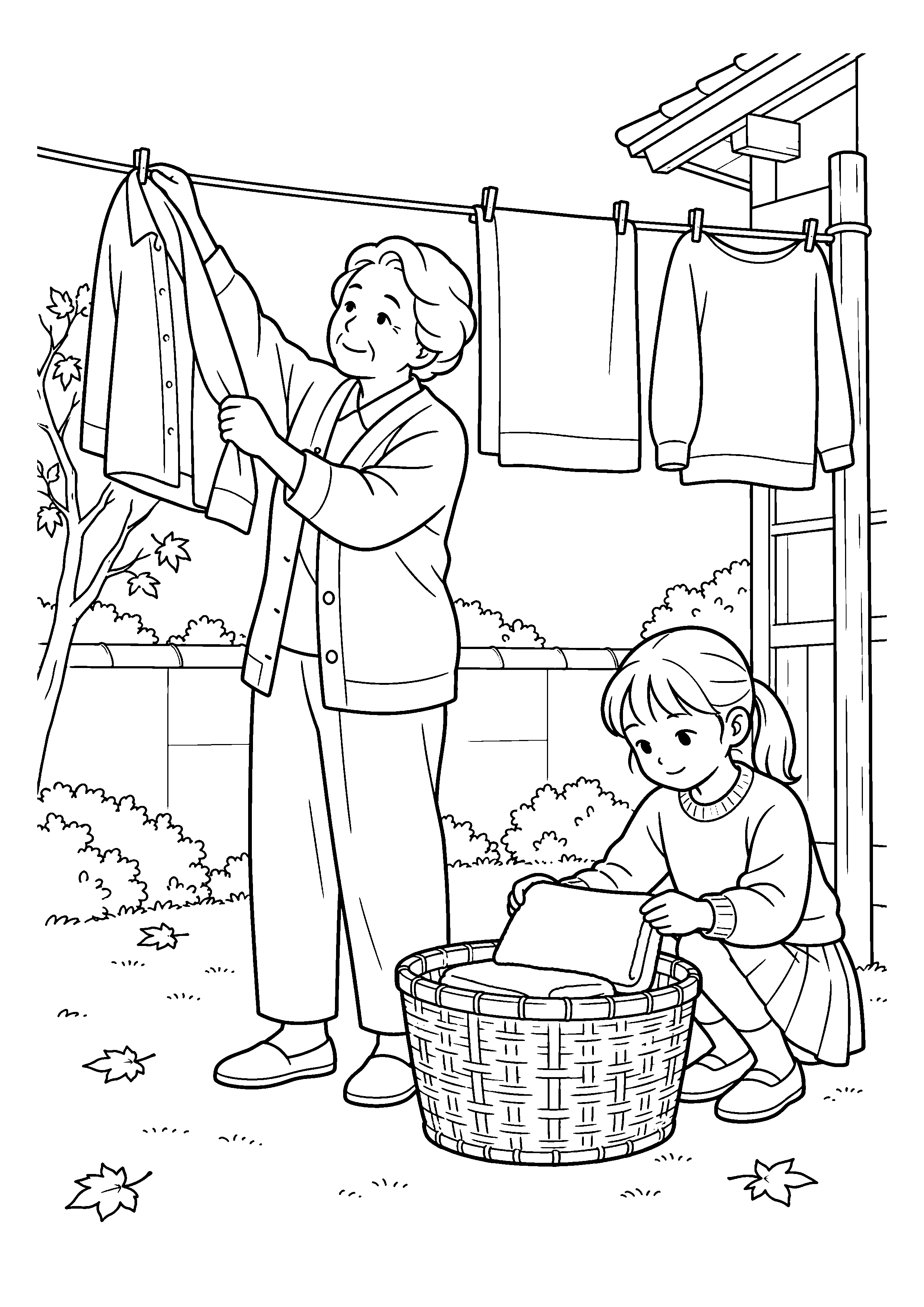 【１１月】祖母と洗濯物を取り込む孫の塗り絵