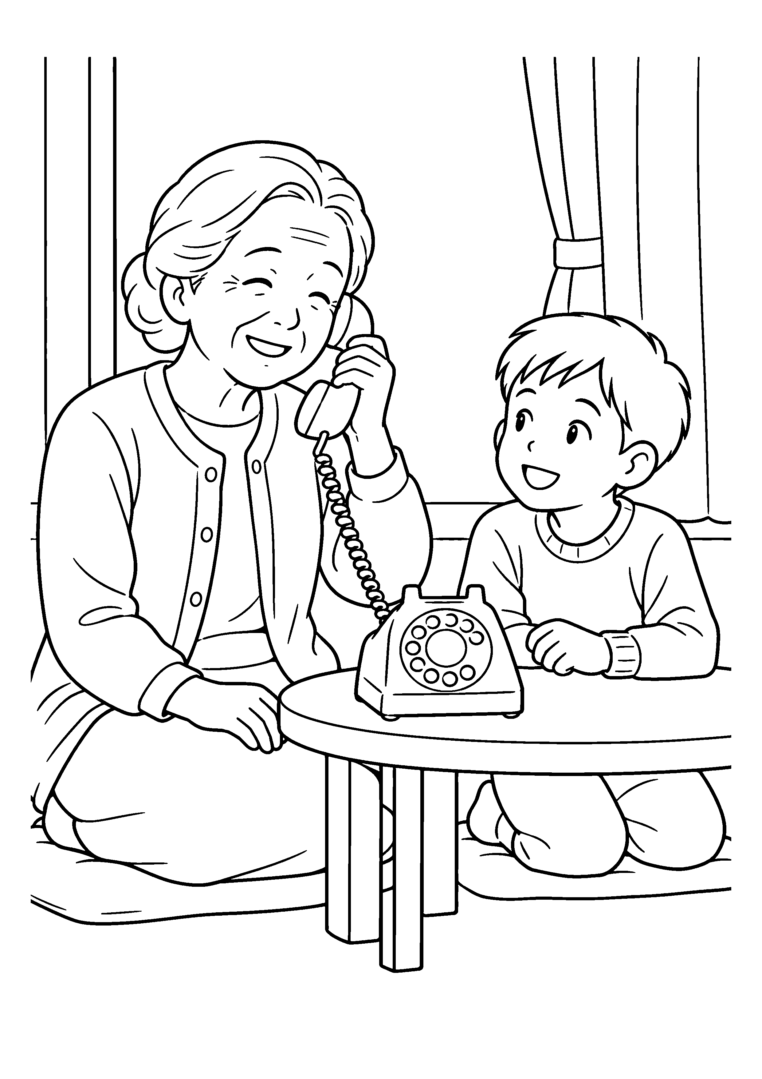 昭和４０年代の１１月をイメージした祖母と黒電話の声を聞く孫の白黒塗り絵