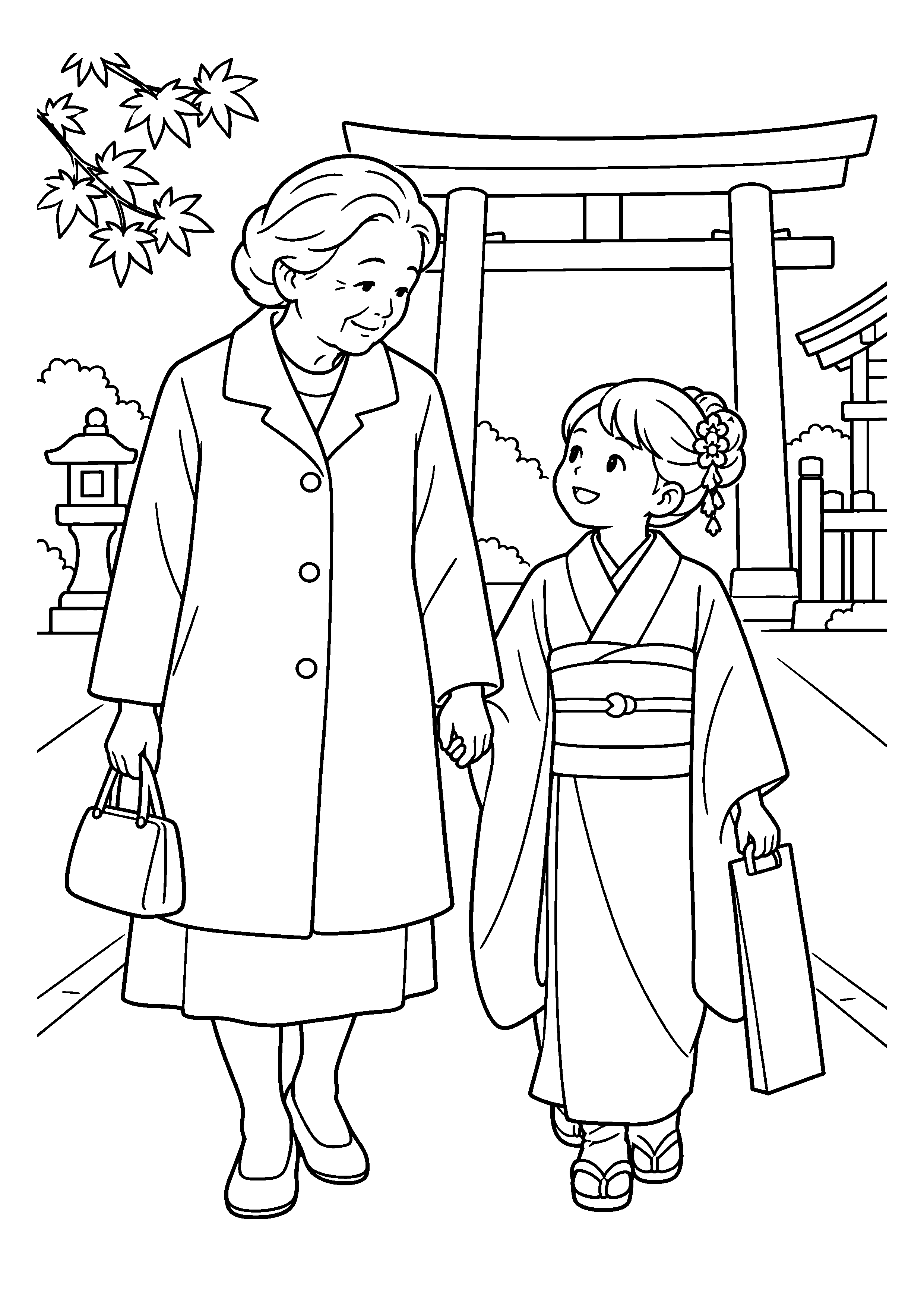 【11月】祖母と七歳の孫の七五三参りの塗り絵
