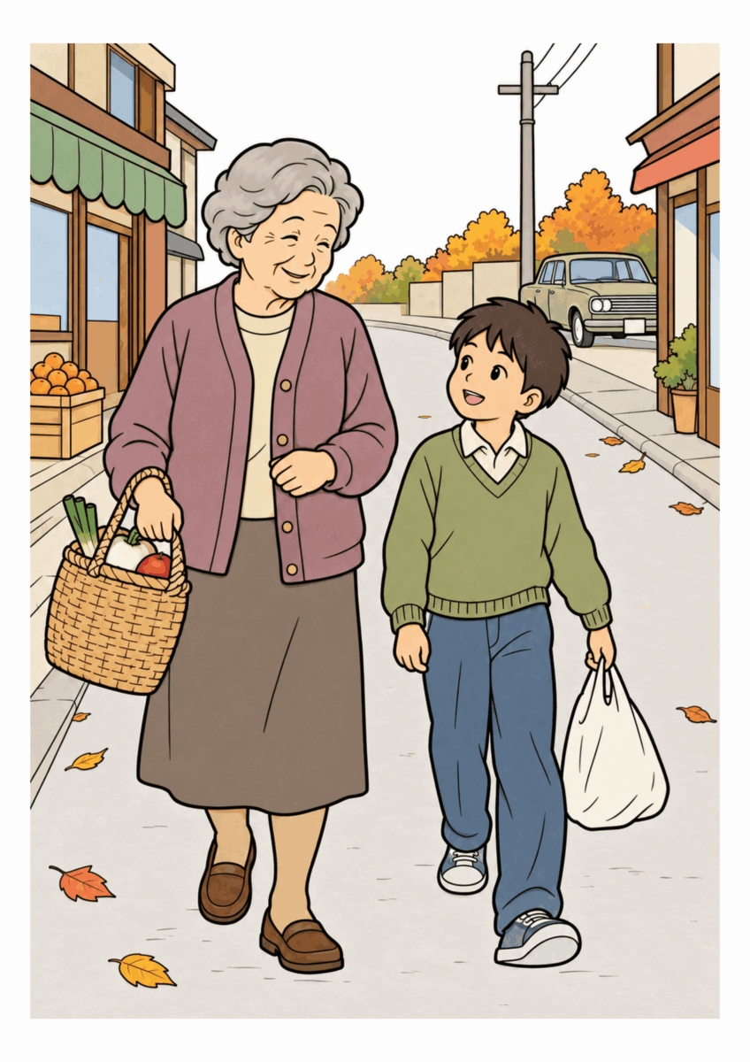 昭和４０年代の１１月をイメージした祖母と孫の商店街の買い物帰りの塗り絵の着色見本