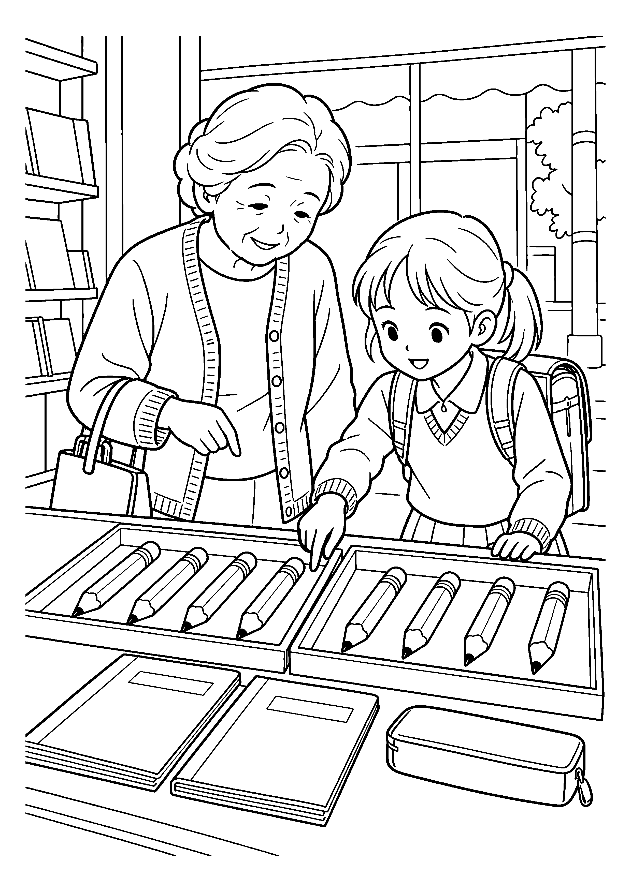 【１１月】文房具屋で鉛筆を選ぶ祖母と孫の塗り絵