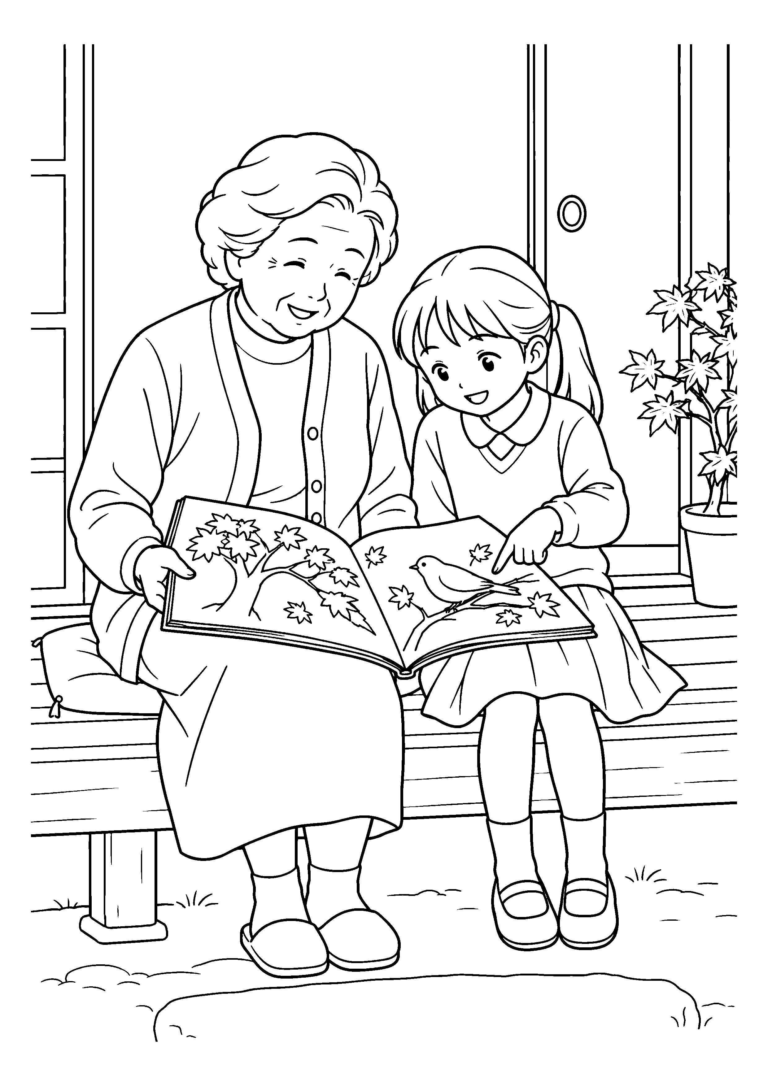 【１１月】祖母と孫の絵本の時間の塗り絵