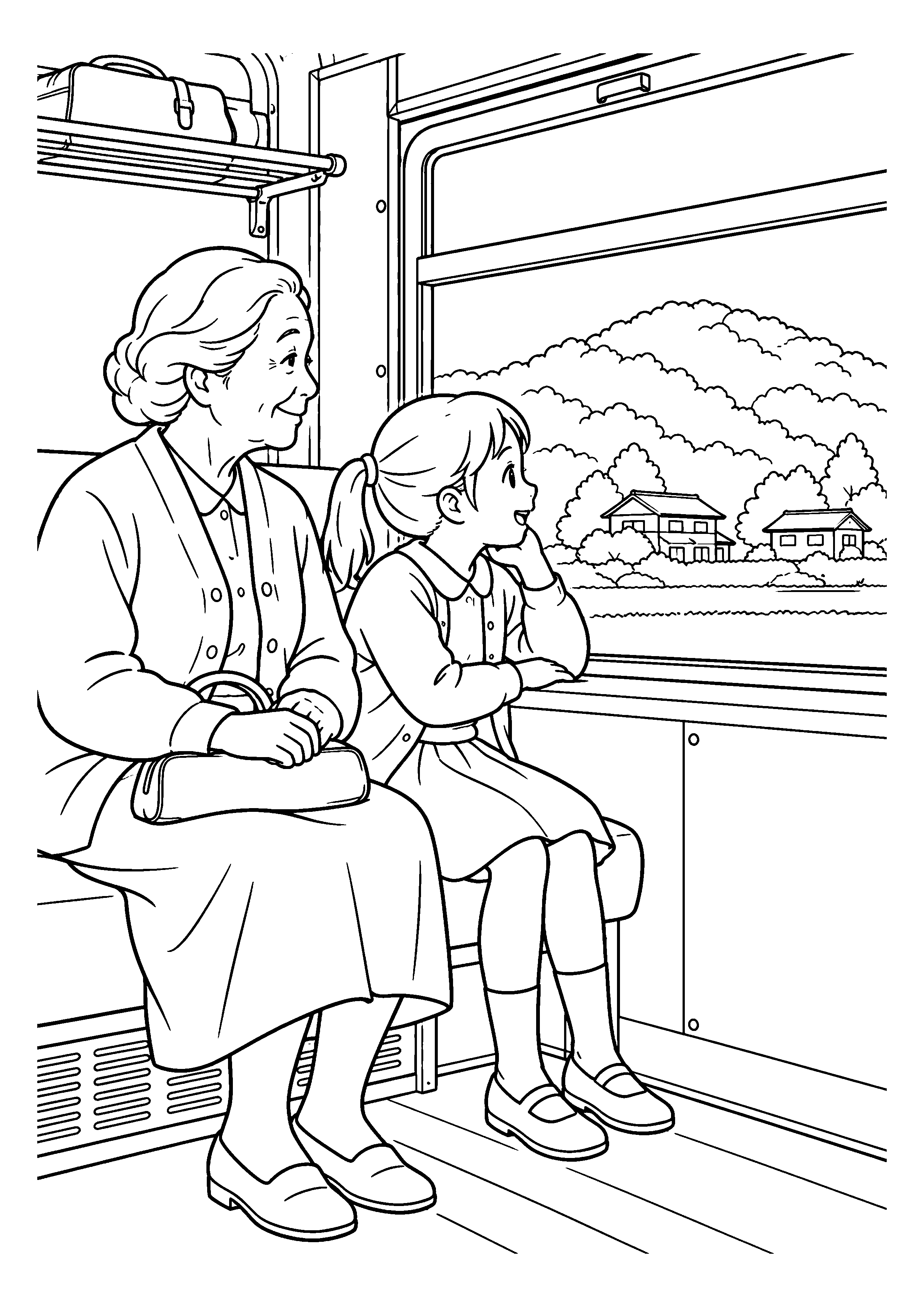 【11月】電車の窓を眺める祖母と孫の塗り絵
