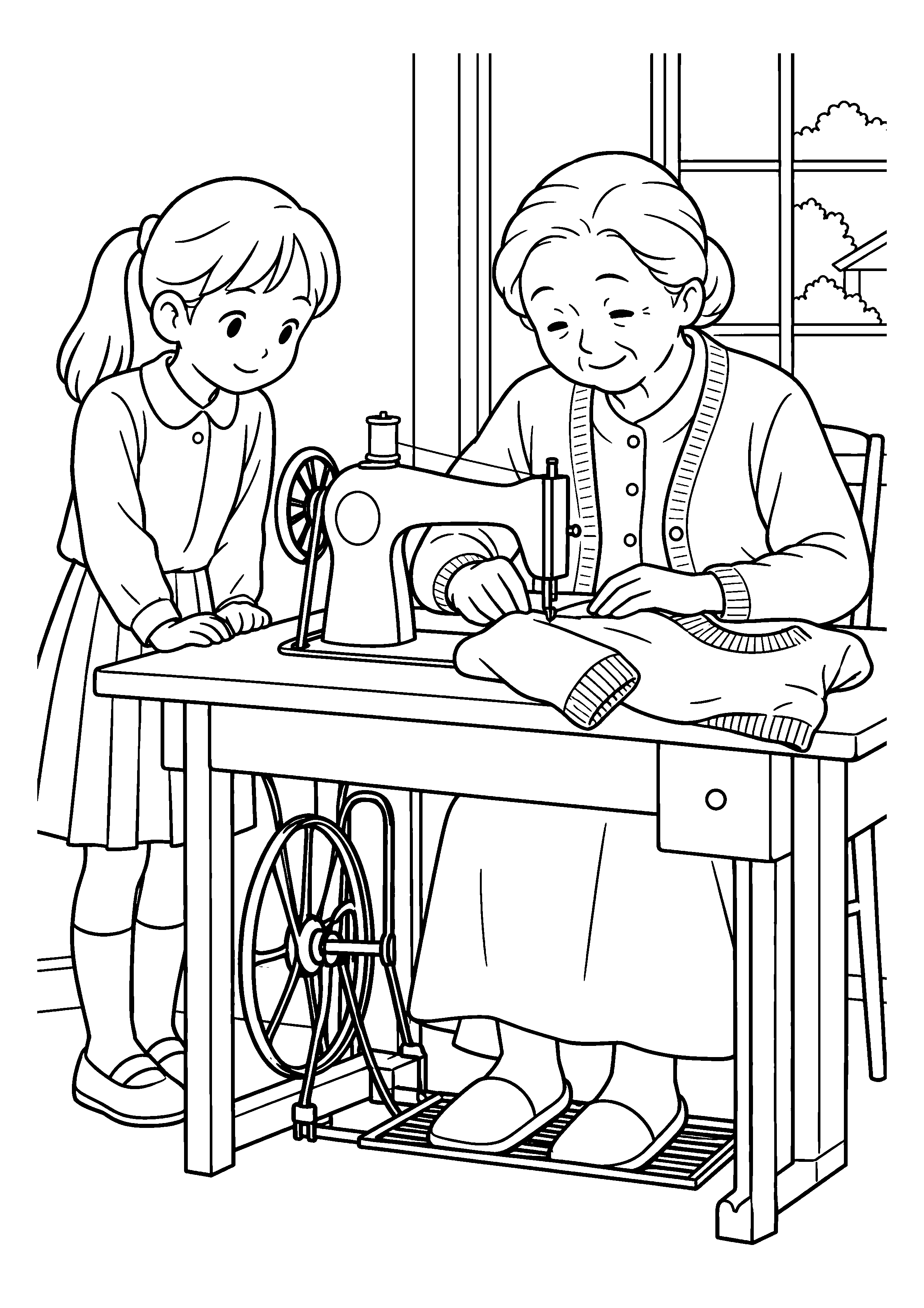 昭和４０年代の１１月をイメージした孫の服を直す足踏みミシンの白黒塗り絵
