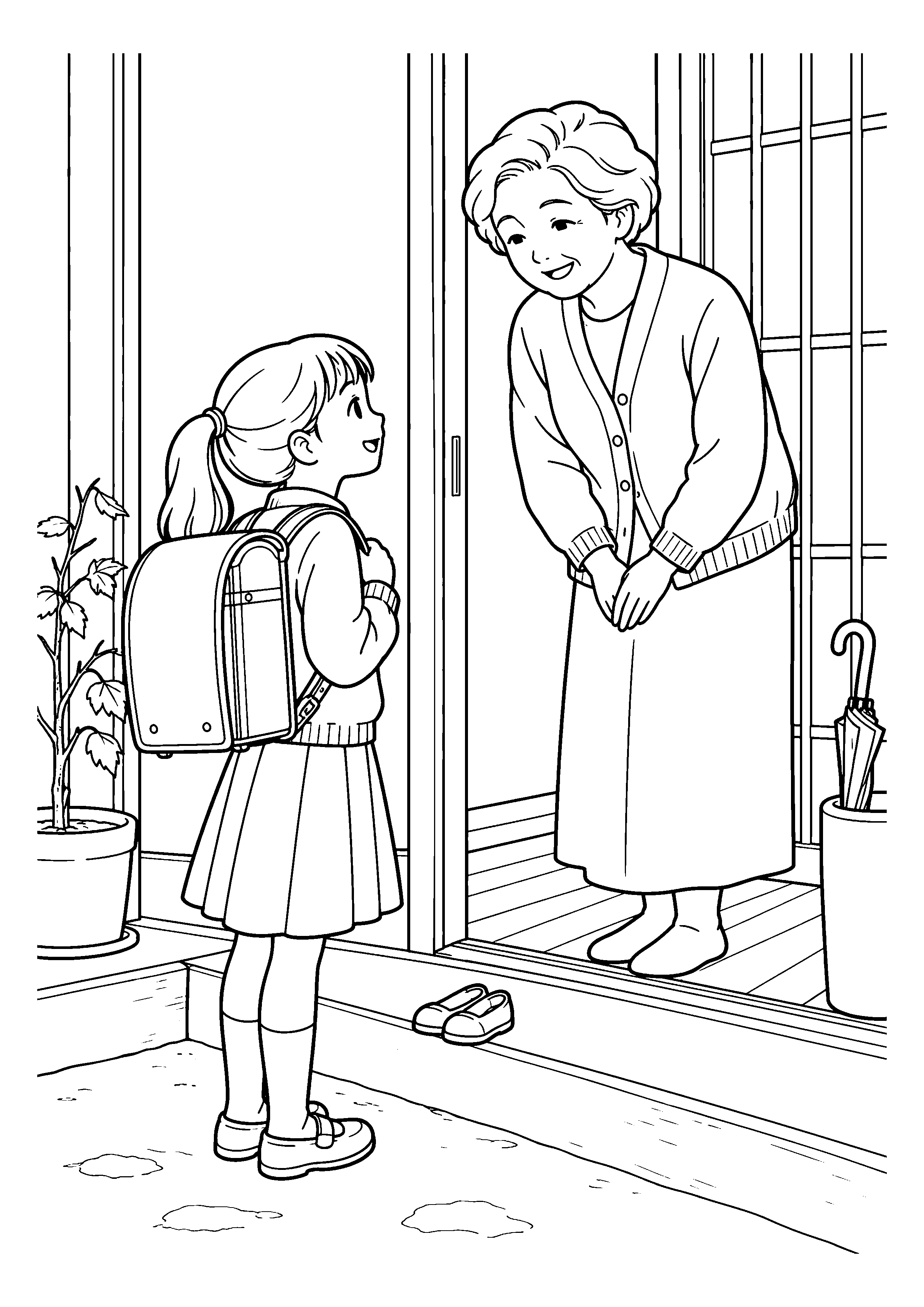 【１１月】玄関で孫を迎える祖母の塗り絵