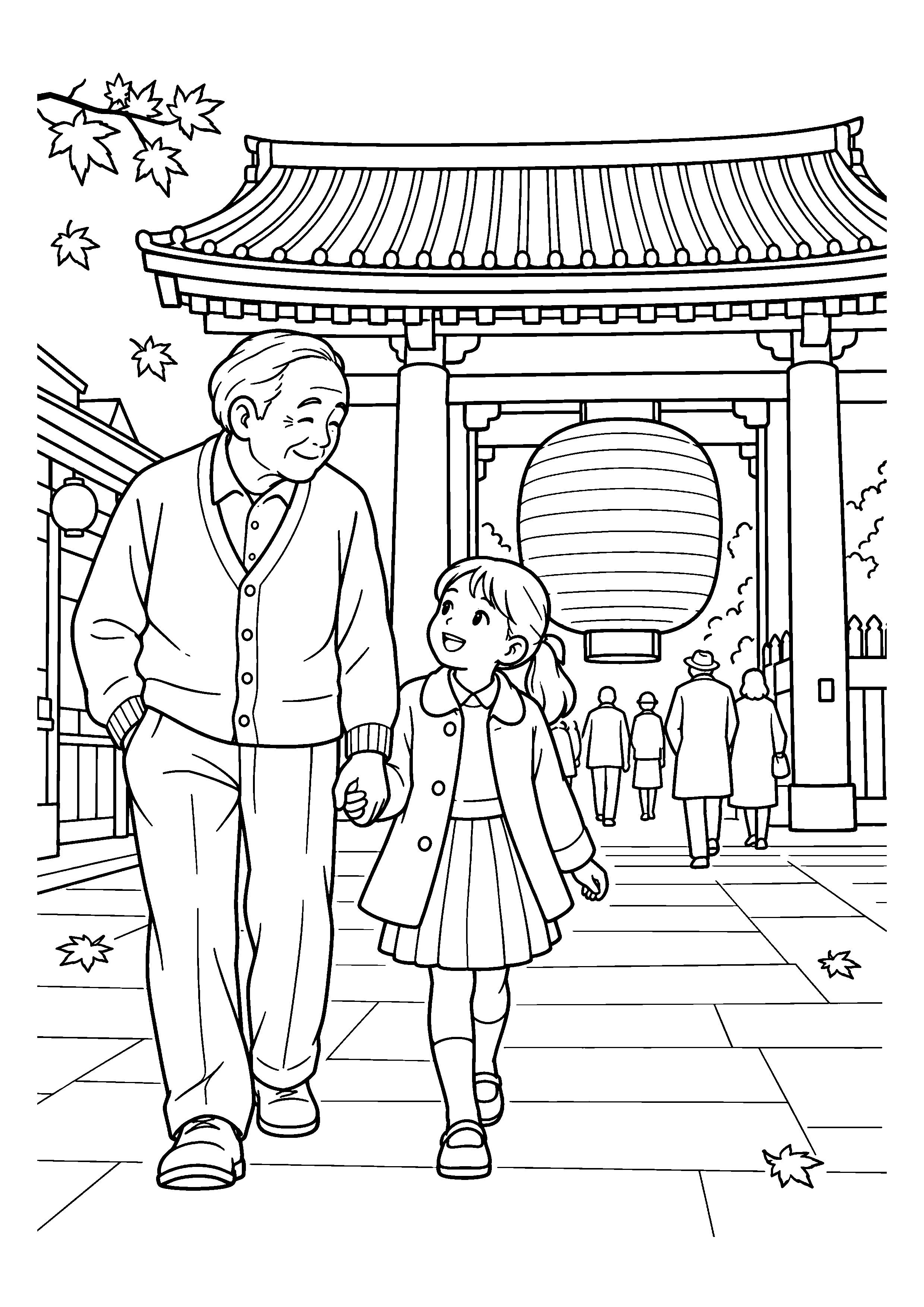 昭和４０年代の１１月をイメージした祖父と孫が歩く浅草の雷門の白黒塗り絵