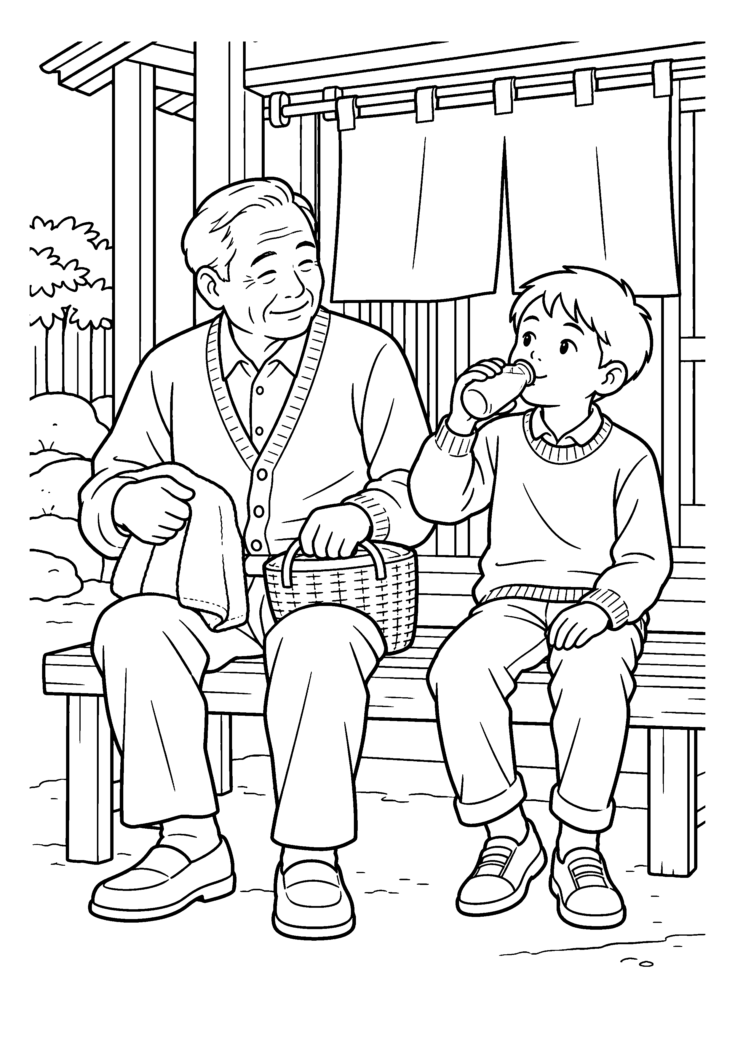 【１１月】銭湯の帰りに牛乳を飲む孫の塗り絵
