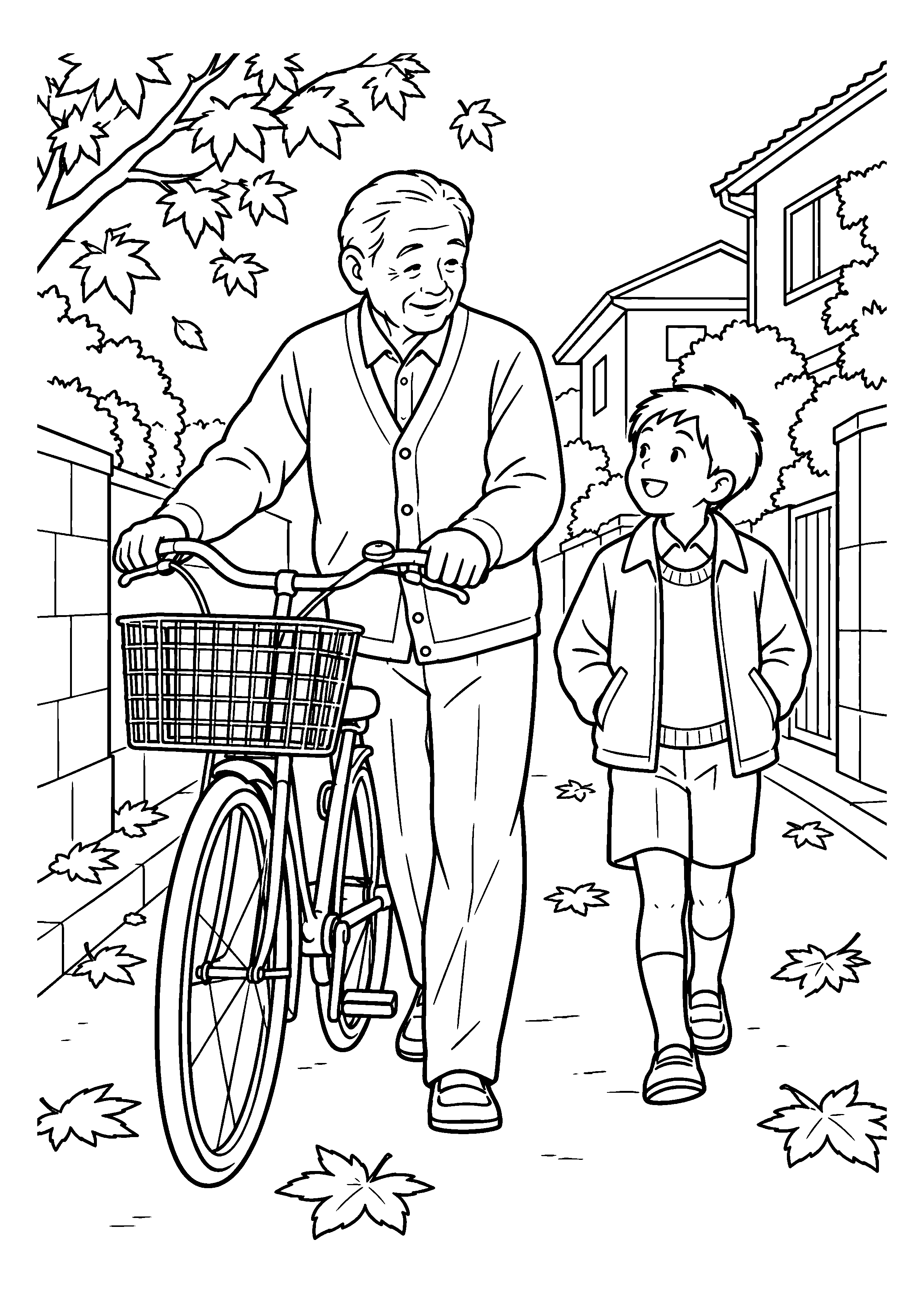 昭和４０年代の１１月をイメージした自転車を押して歩く祖父と孫の白黒塗り絵