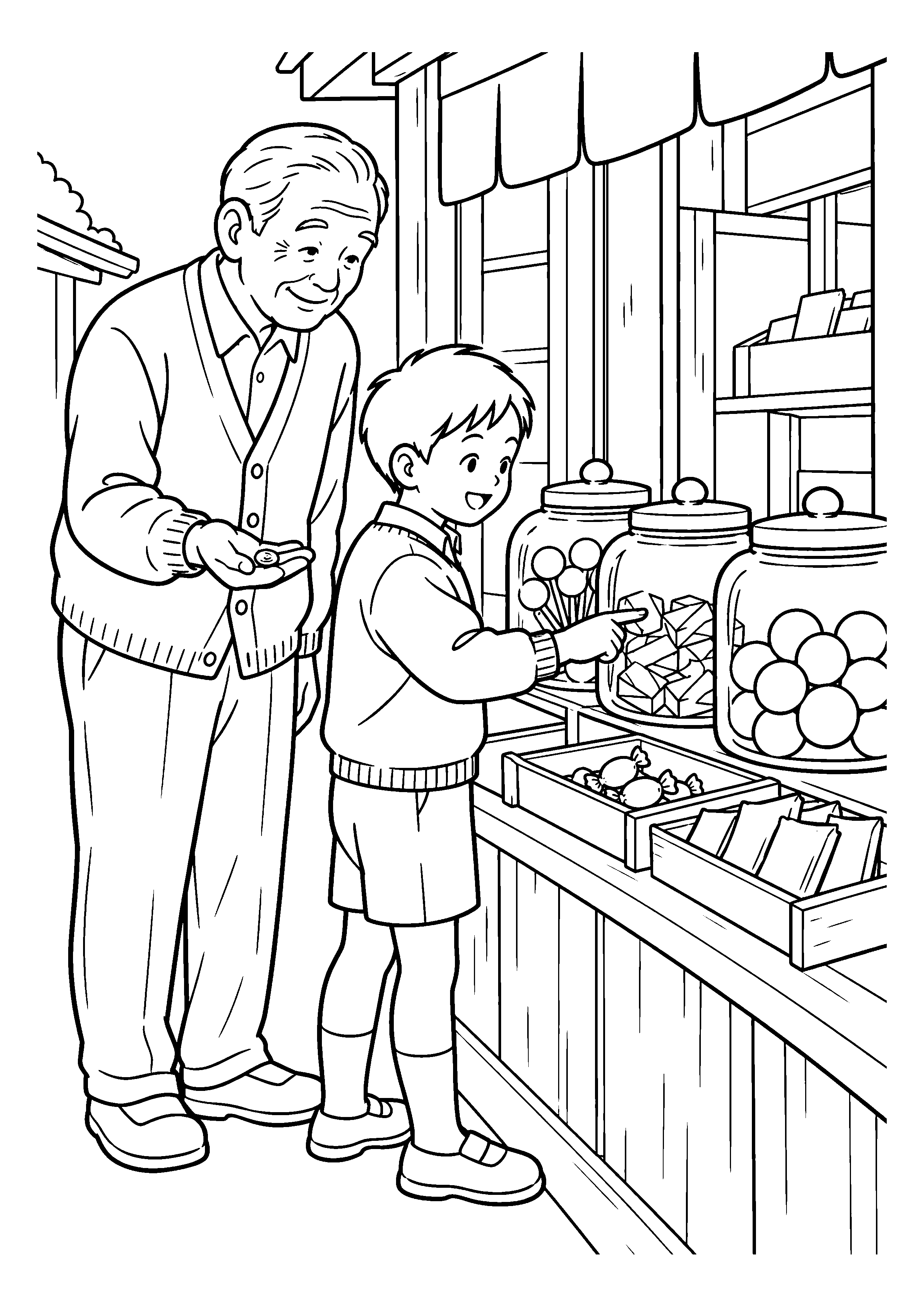 【１１月】駄菓子屋でおやつを選ぶ祖父と孫の塗り絵