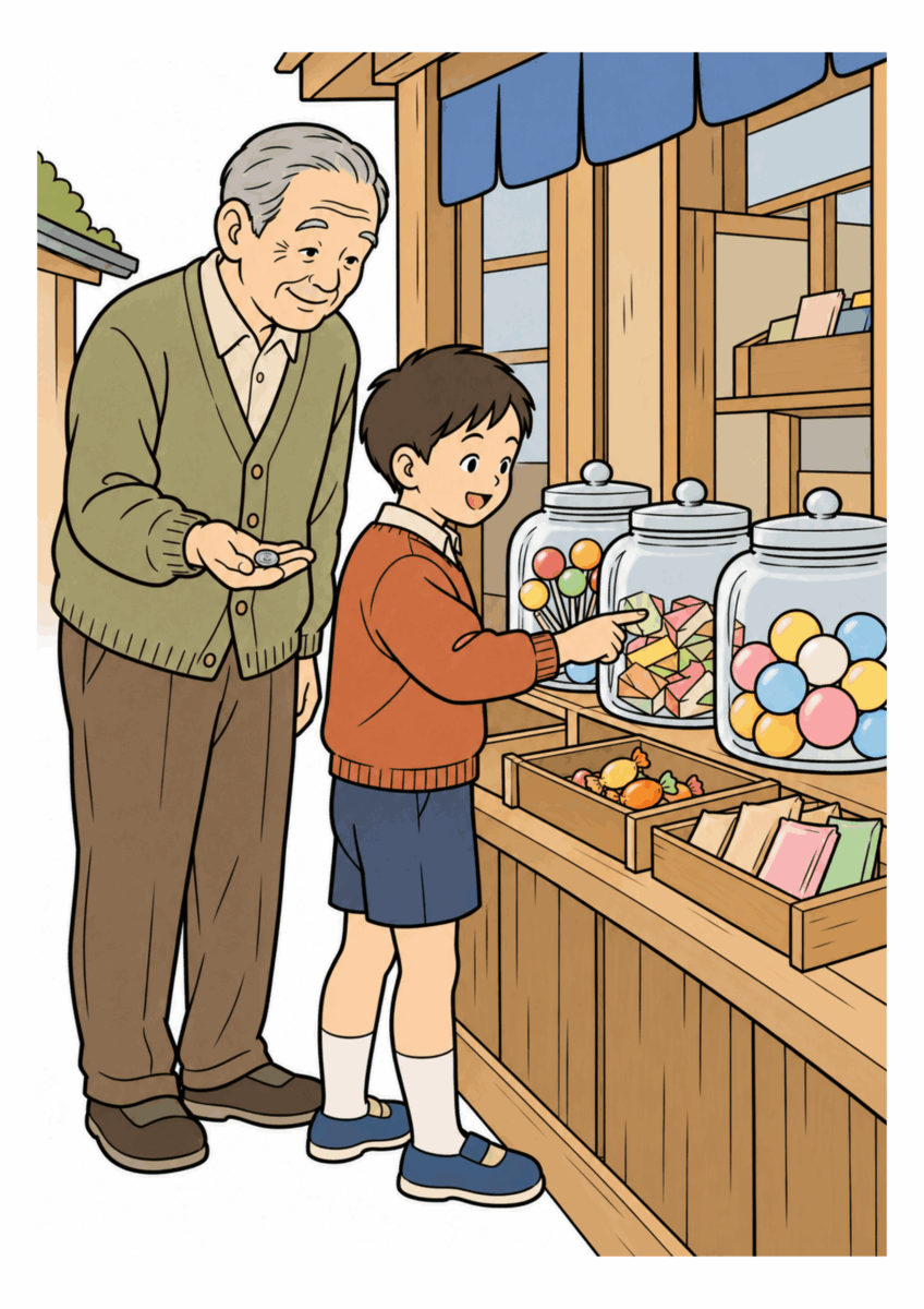 昭和４０年代の１１月をイメージした駄菓子屋でおやつを選ぶ祖父と孫の塗り絵の着色見本
