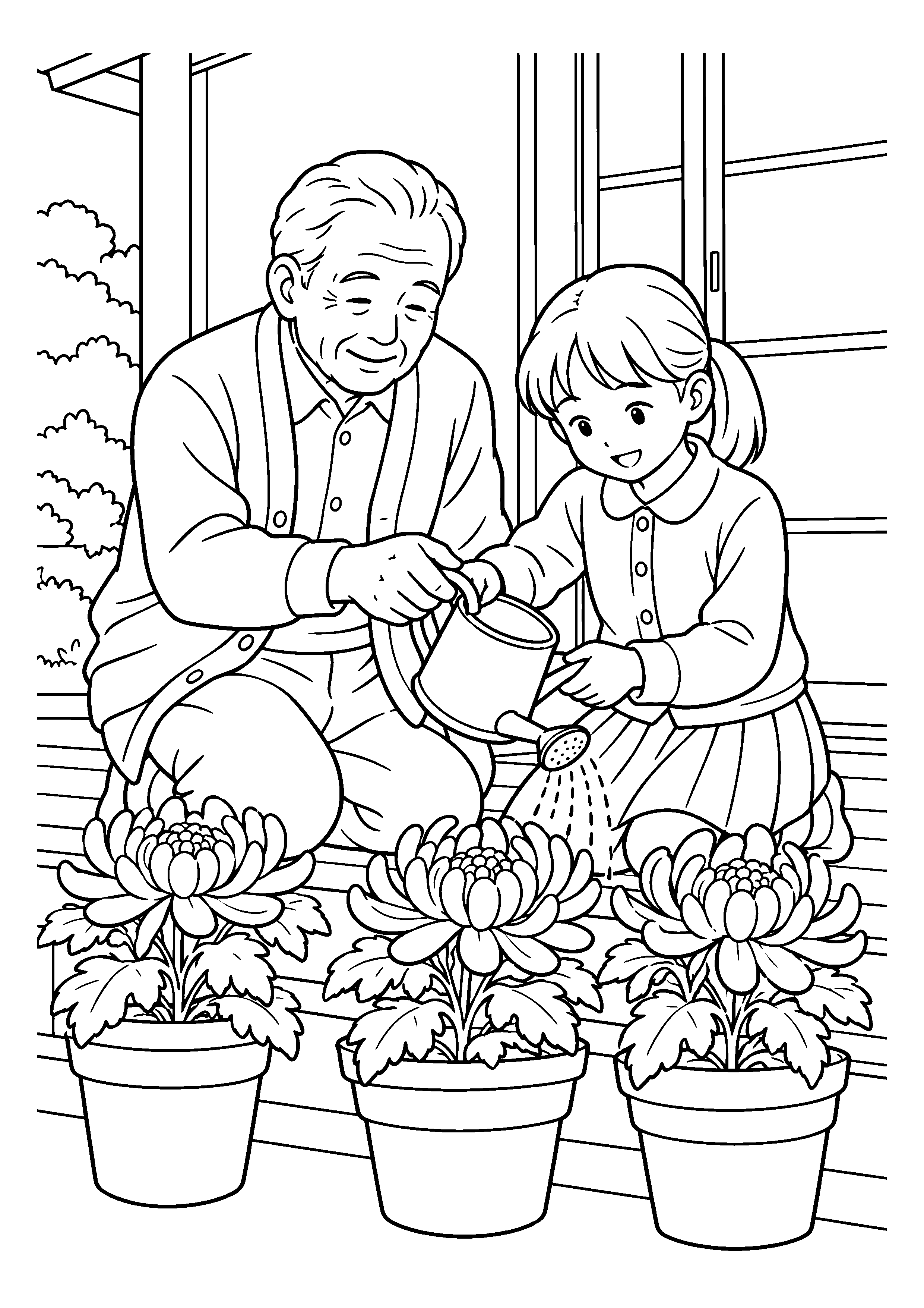【11月】祖父と孫が育てる菊の鉢の塗り絵