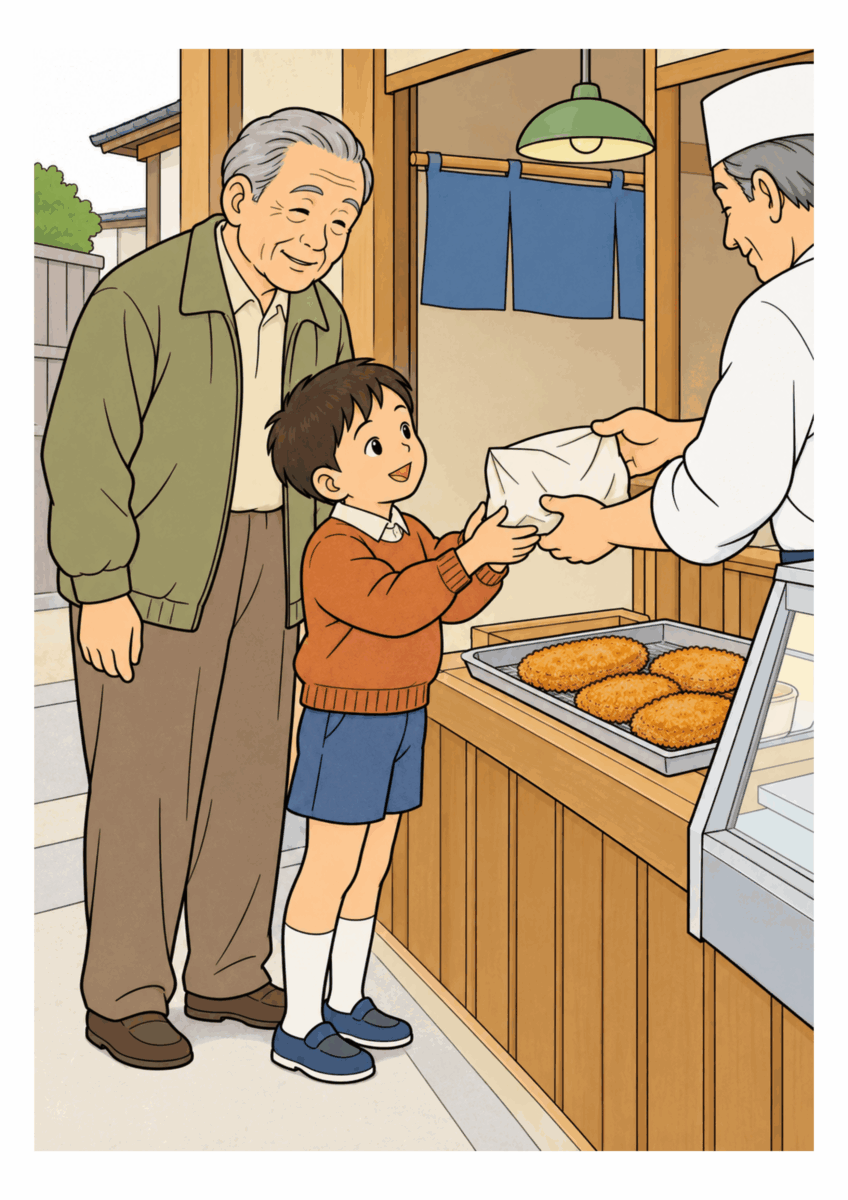 昭和４０年代の１１月をイメージしたコロッケ屋の店先で待つ祖父と孫の塗り絵の着色見本