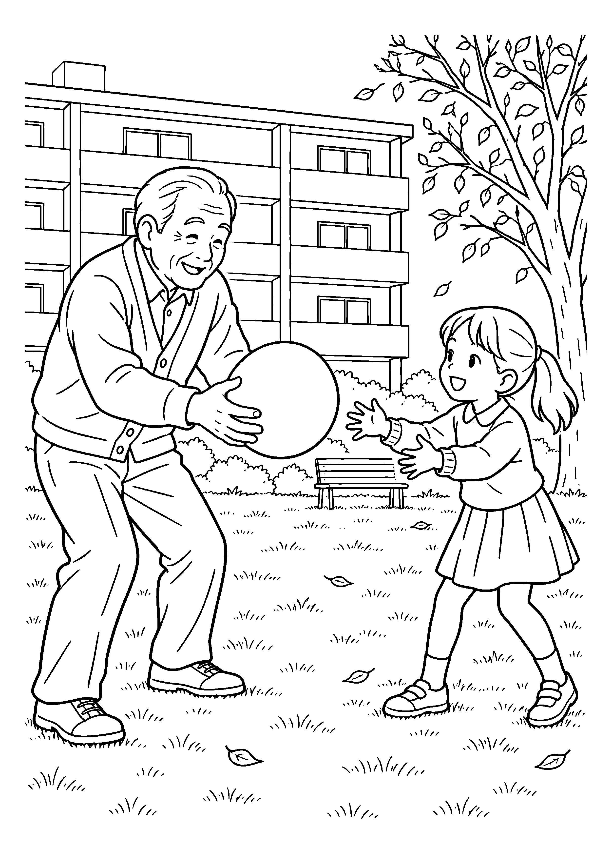 【１１月】団地の広場で祖父とボール遊びの塗り絵