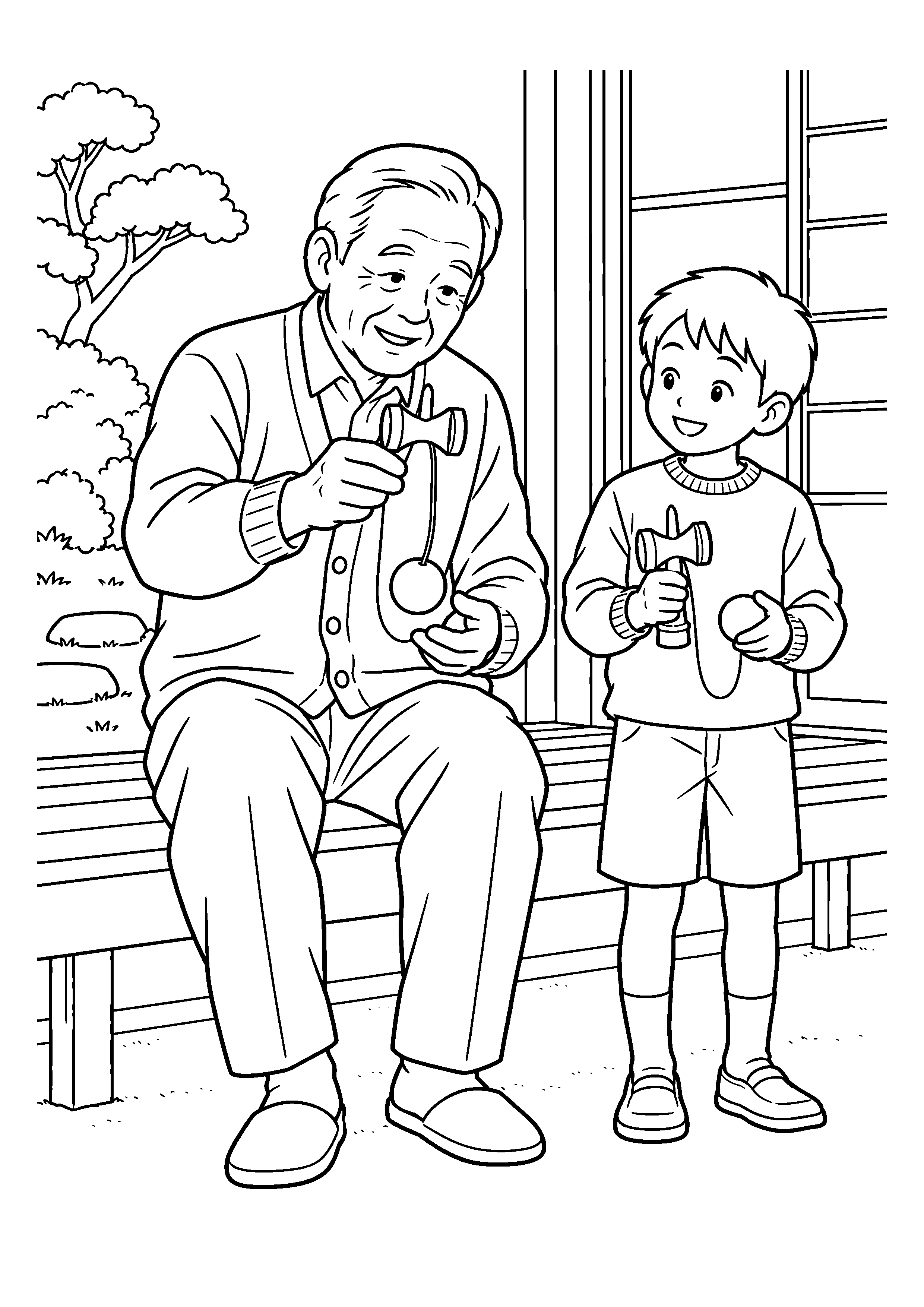 【１１月】祖父にけん玉を教わる孫の塗り絵