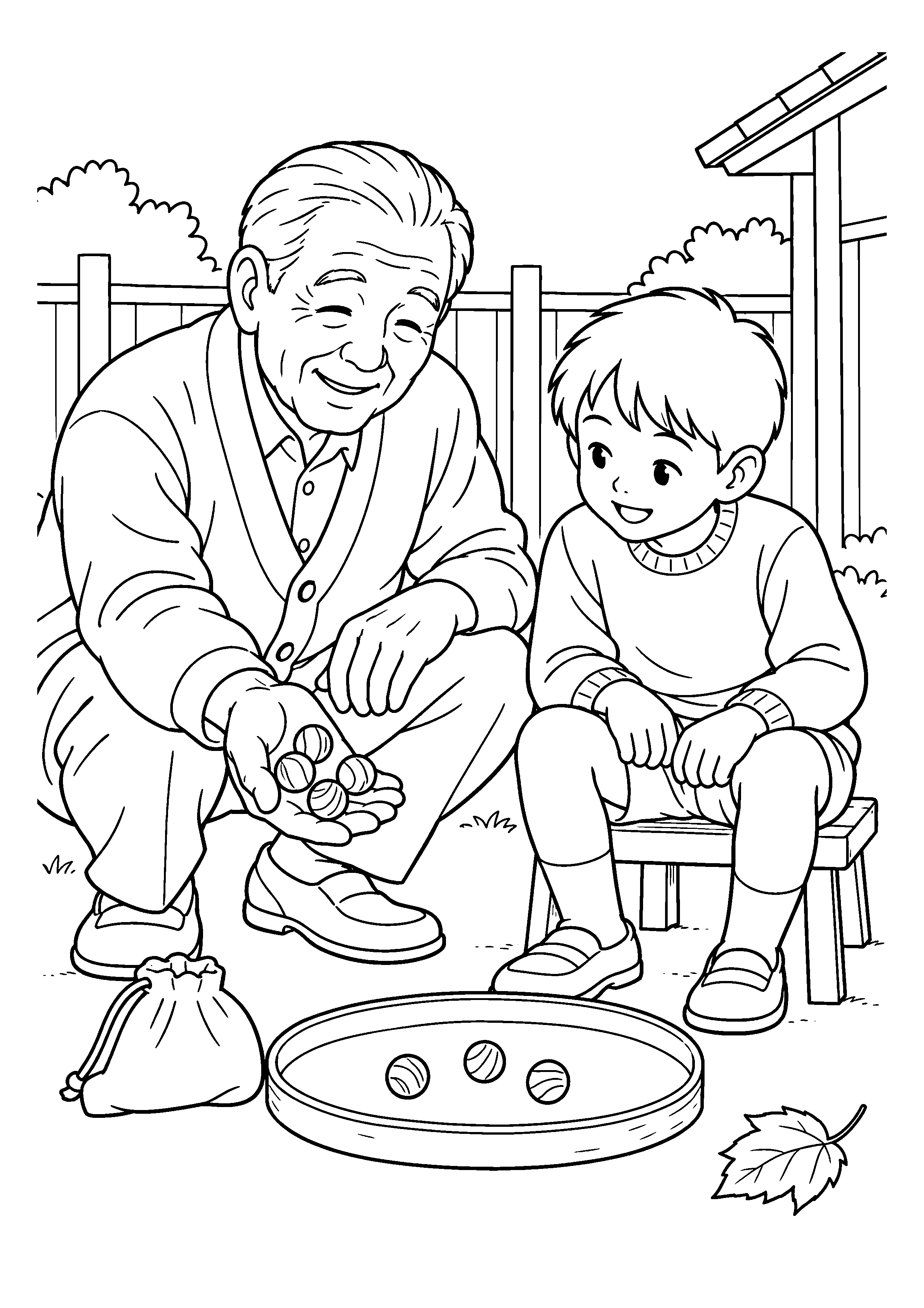 【１１月】祖父と孫のビー玉遊びの塗り絵