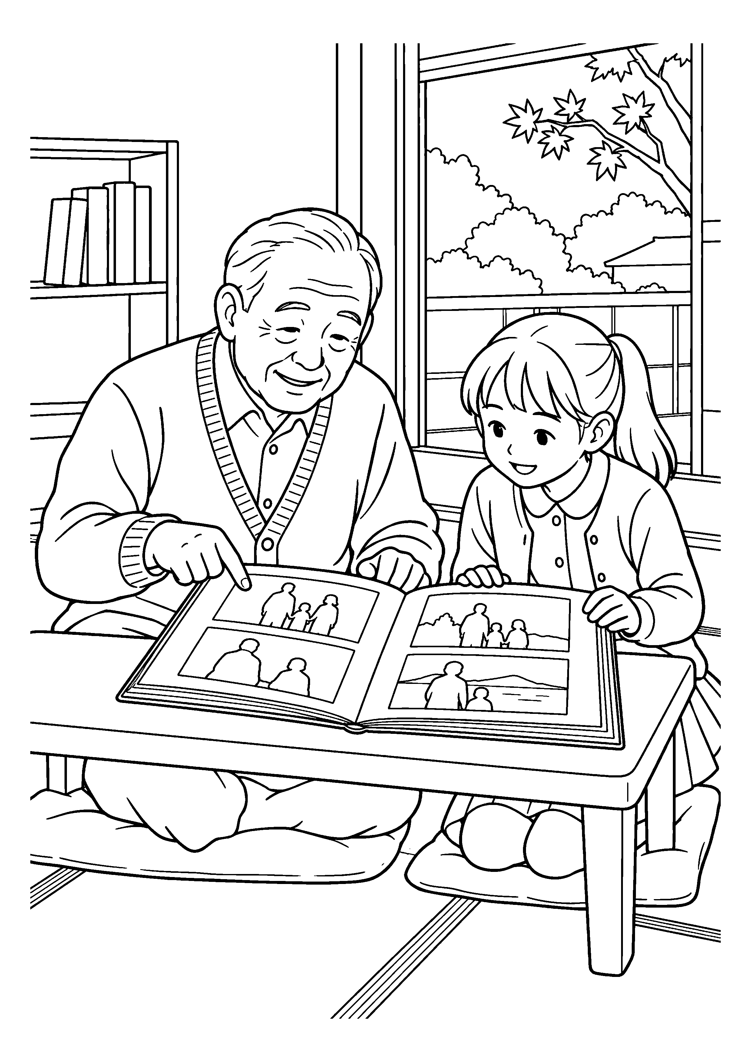 昭和４０年代の１１月をイメージした祖父とアルバムを開く午後の白黒塗り絵