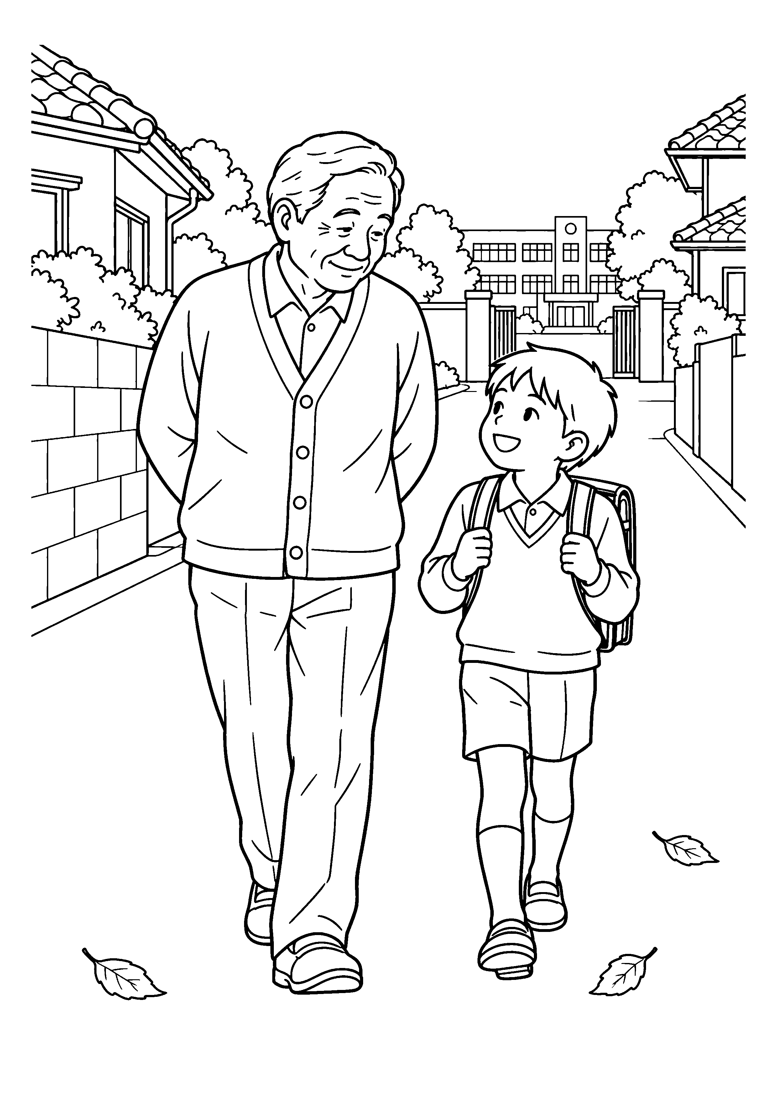 昭和４０年代の１１月をイメージした祖父と歩く朝の通学路の白黒塗り絵