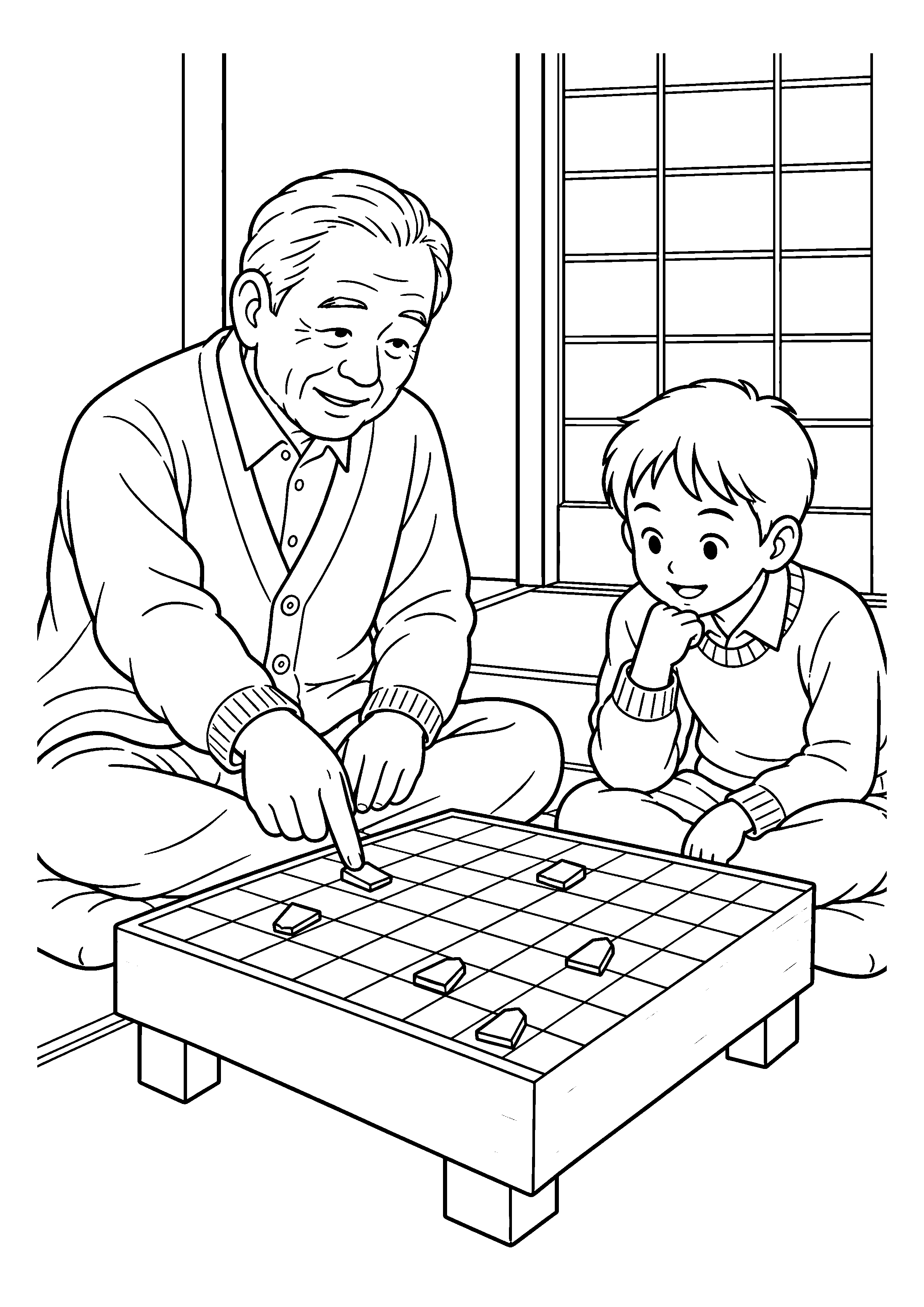 昭和４０年代の１１月をイメージした祖父と孫が囲む将棋盤の白黒塗り絵