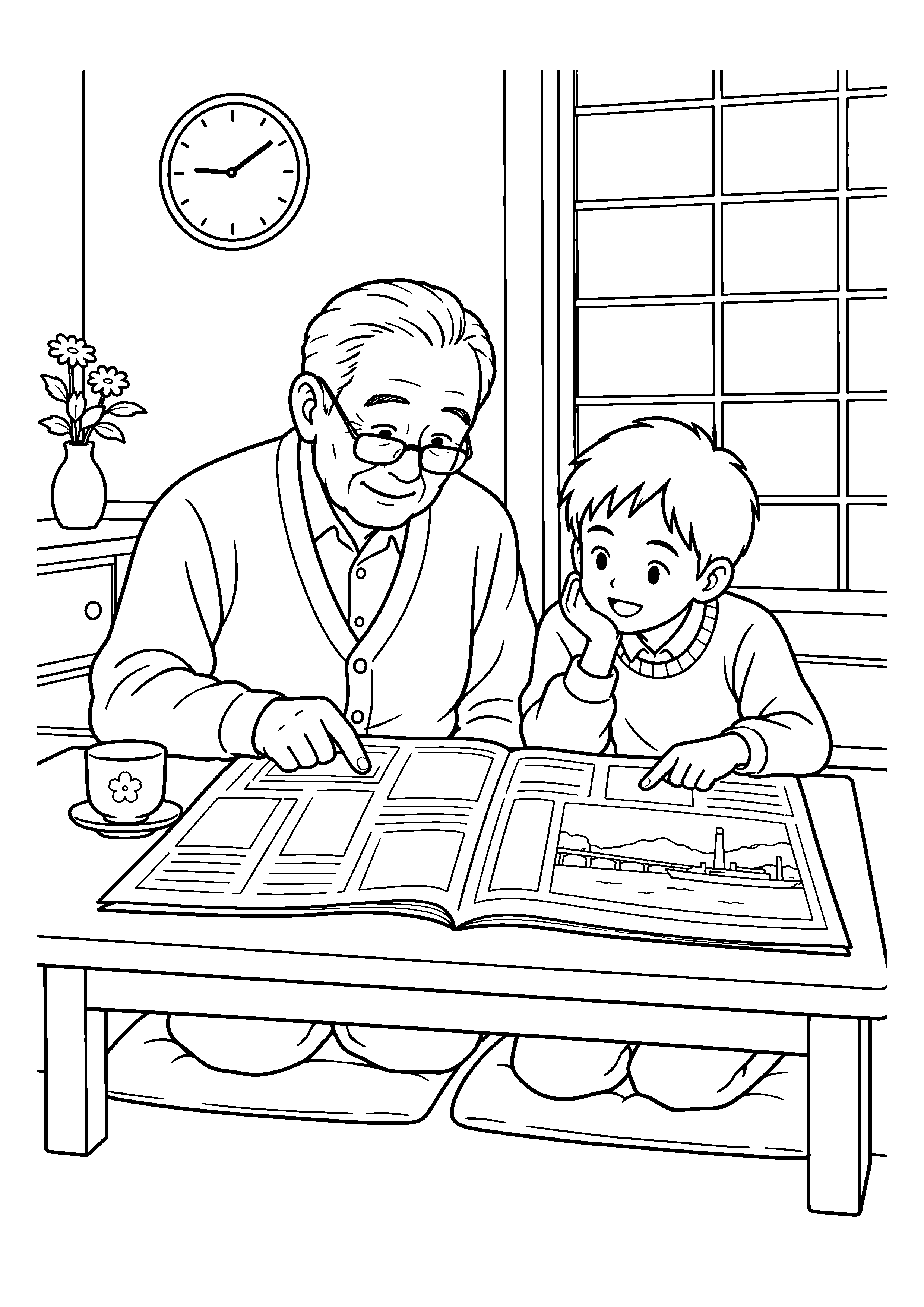 昭和４０年代の１１月をイメージした祖父と新聞を広げる日曜日の白黒塗り絵