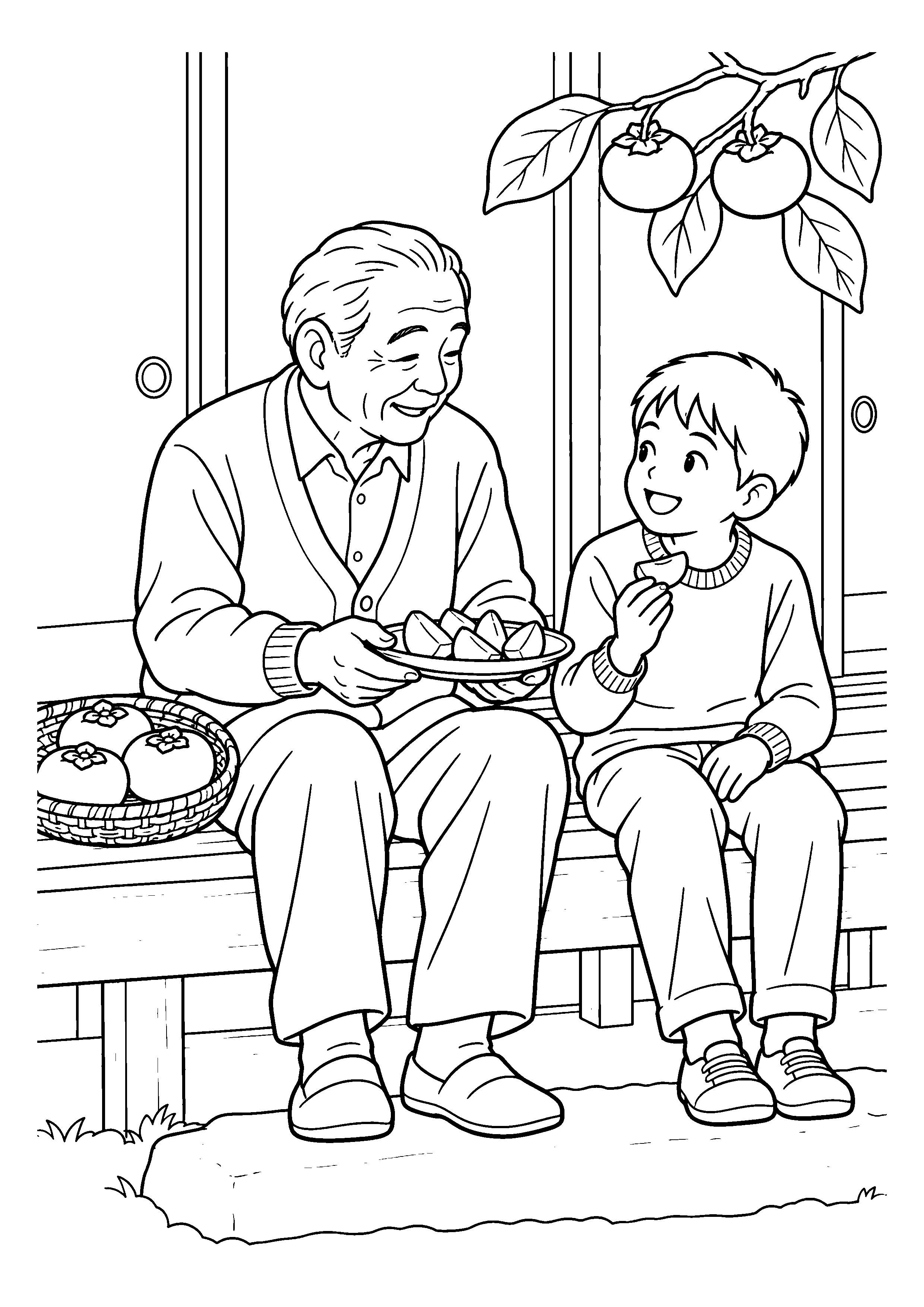 【１１月】縁側で柿を楽しむ祖父と孫の塗り絵