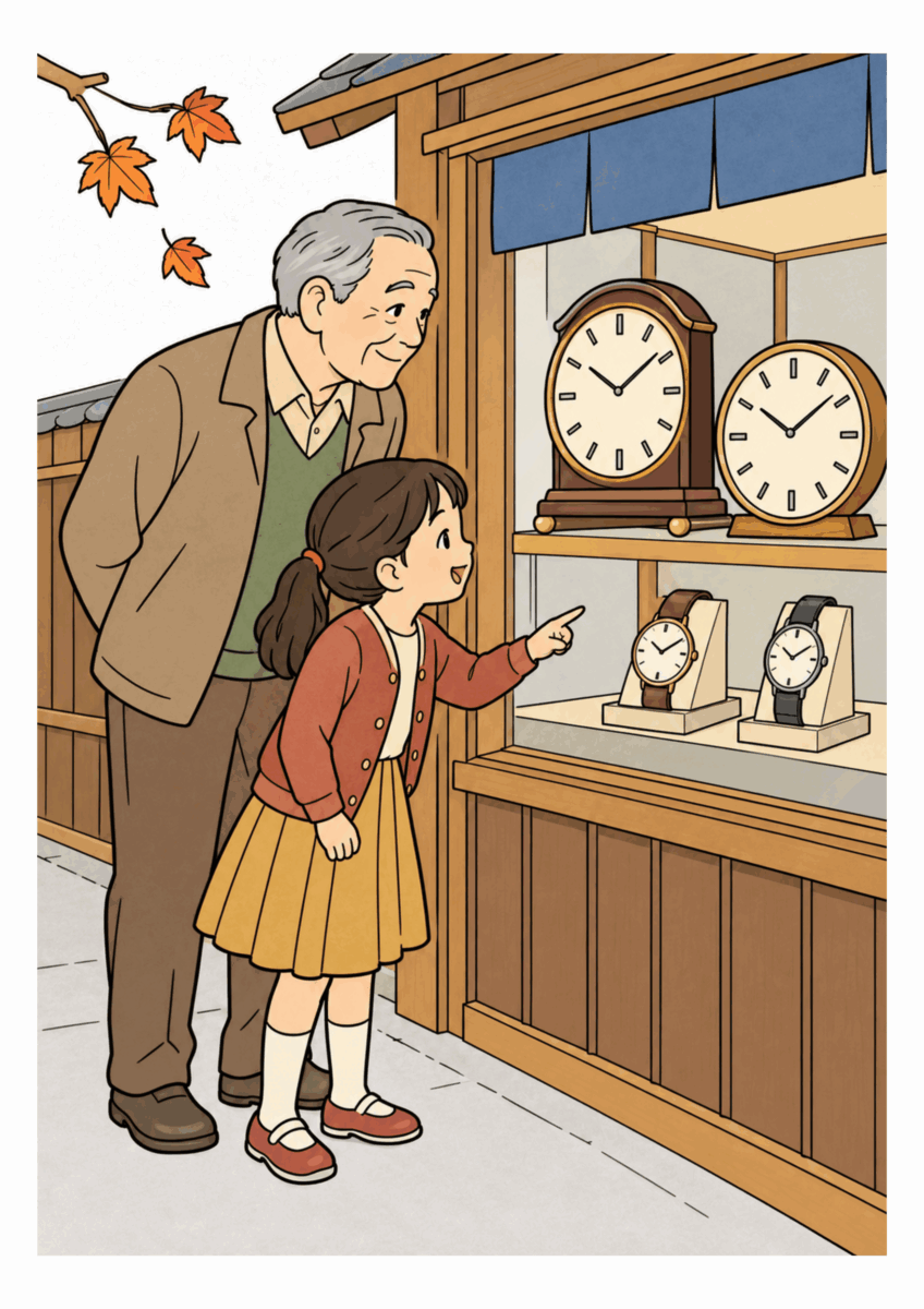 昭和４０年代の１１月をイメージした祖父と時計屋の窓をのぞく孫の塗り絵の着色見本