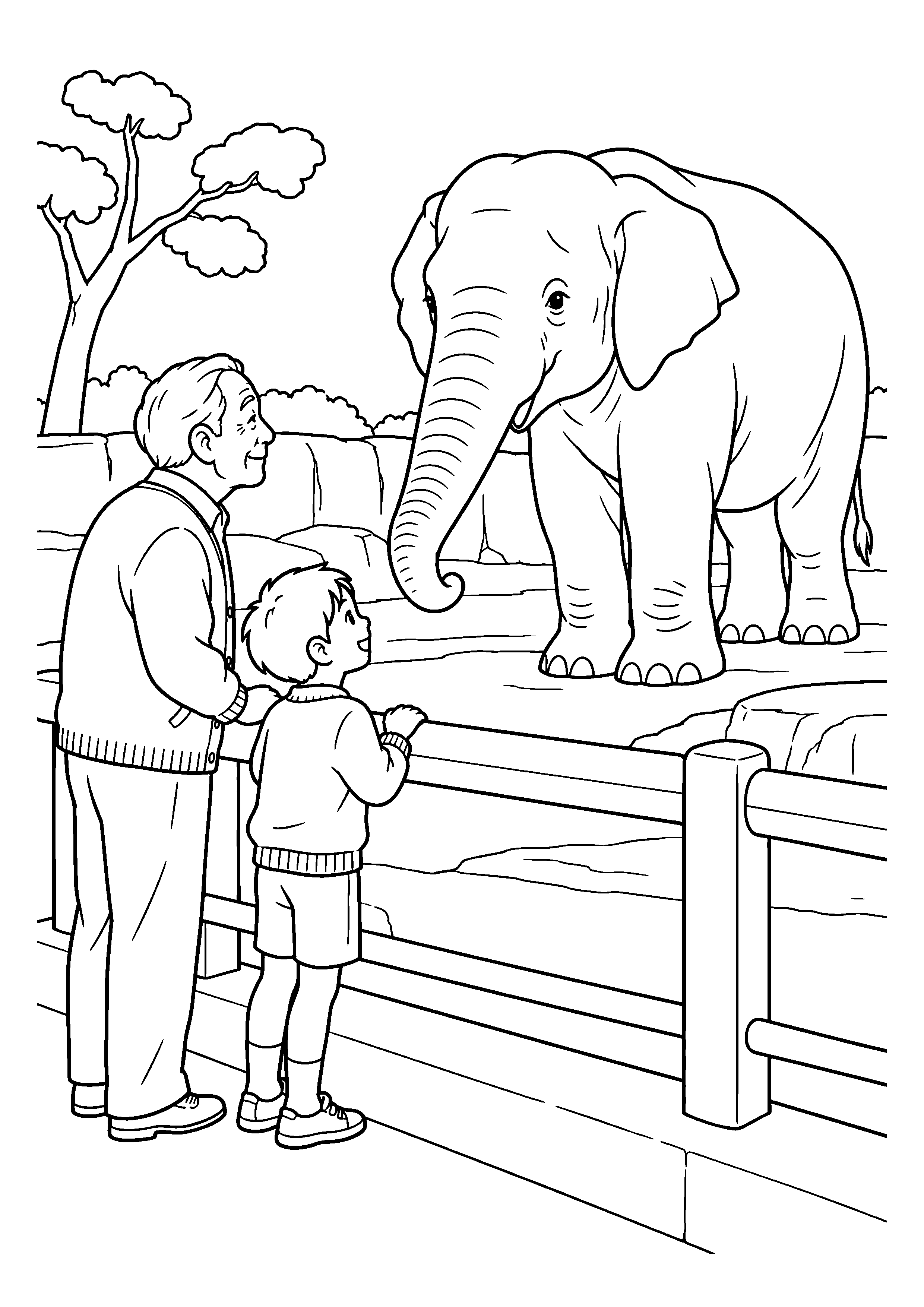 【11月】動物園で象を眺める祖父と孫の塗り絵