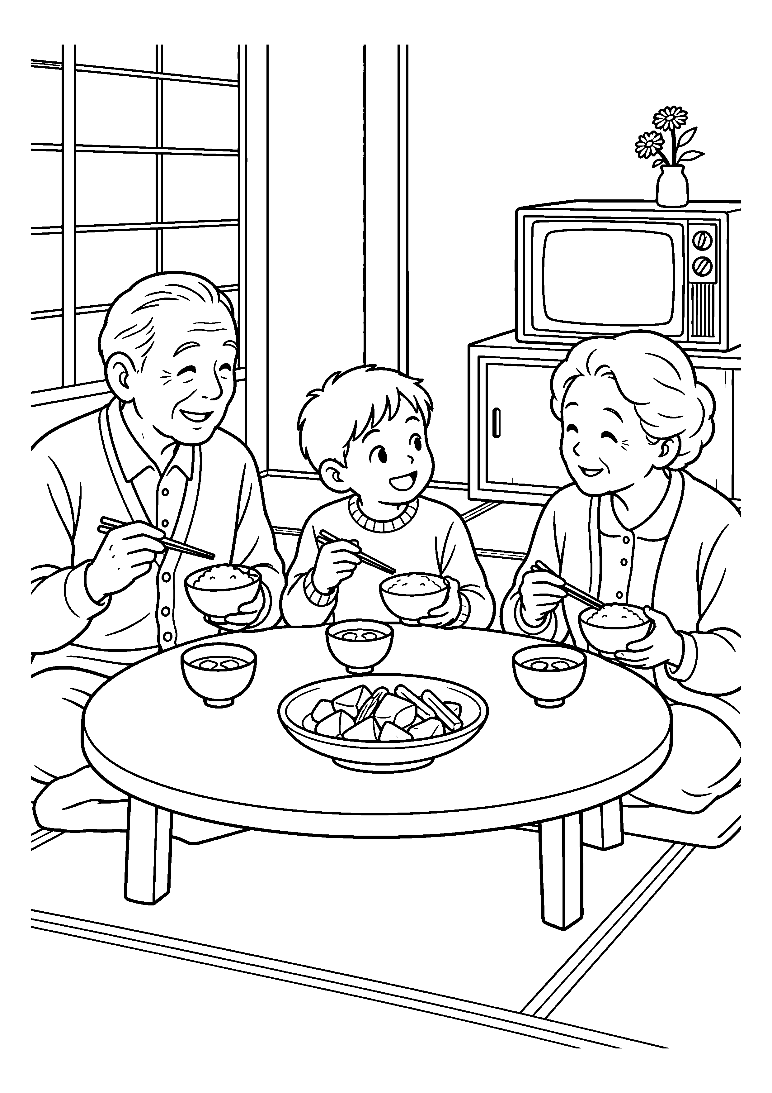 【11月】祖父母と孫の夕飯の食卓の塗り絵