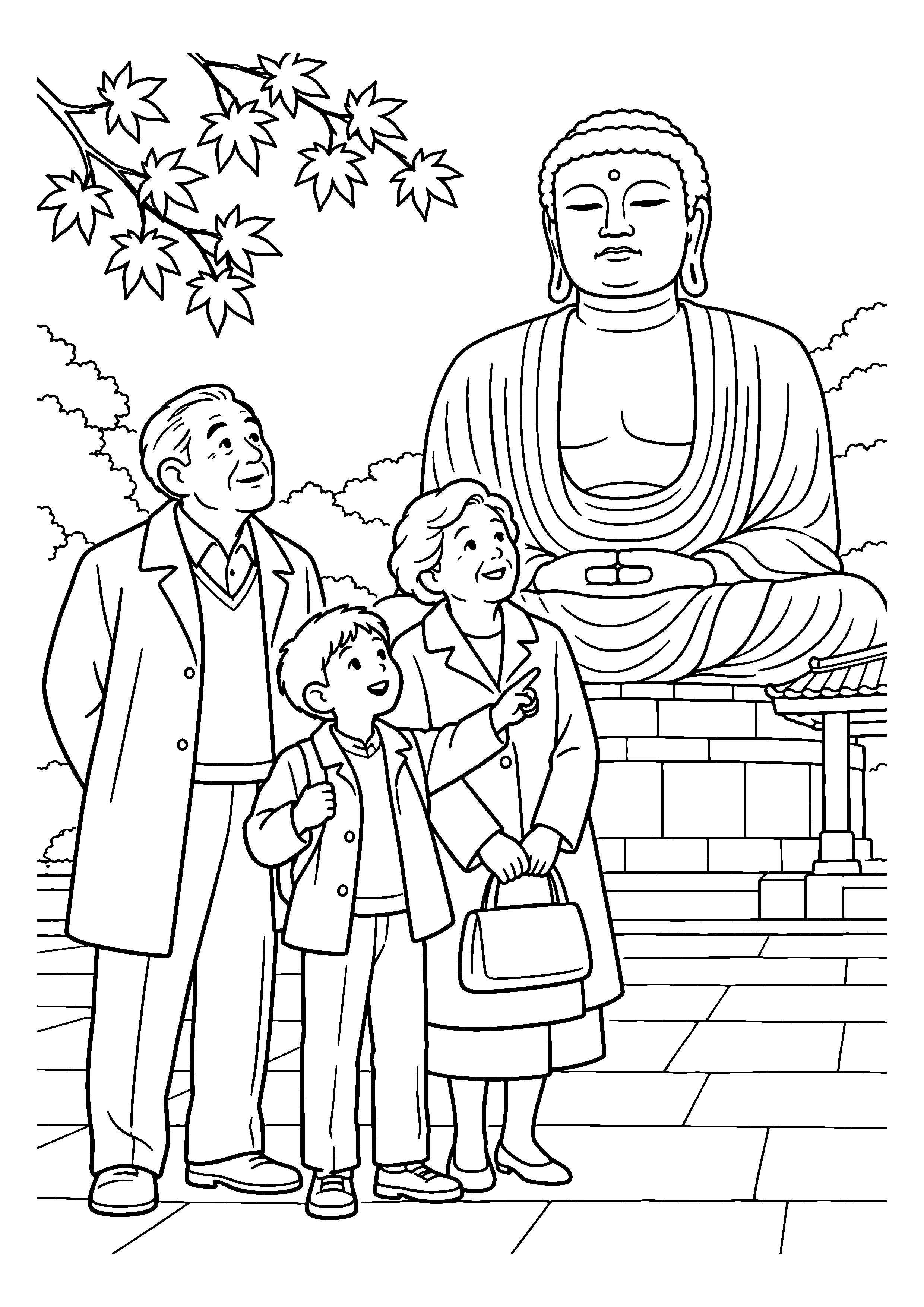 【11月】祖父母と孫が訪れる鎌倉の大仏の塗り絵