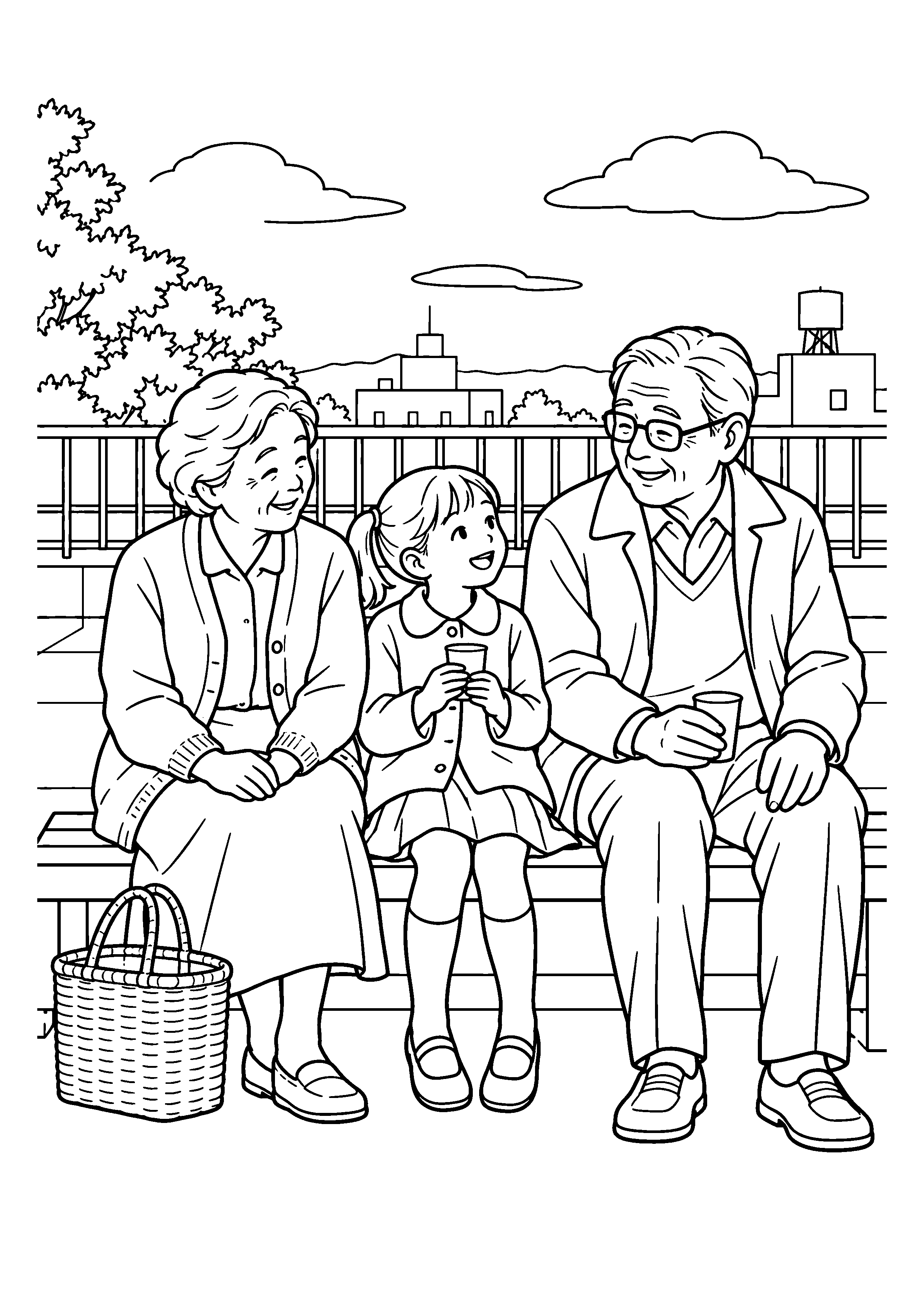 【11月】屋上で休む祖父母と孫の塗り絵